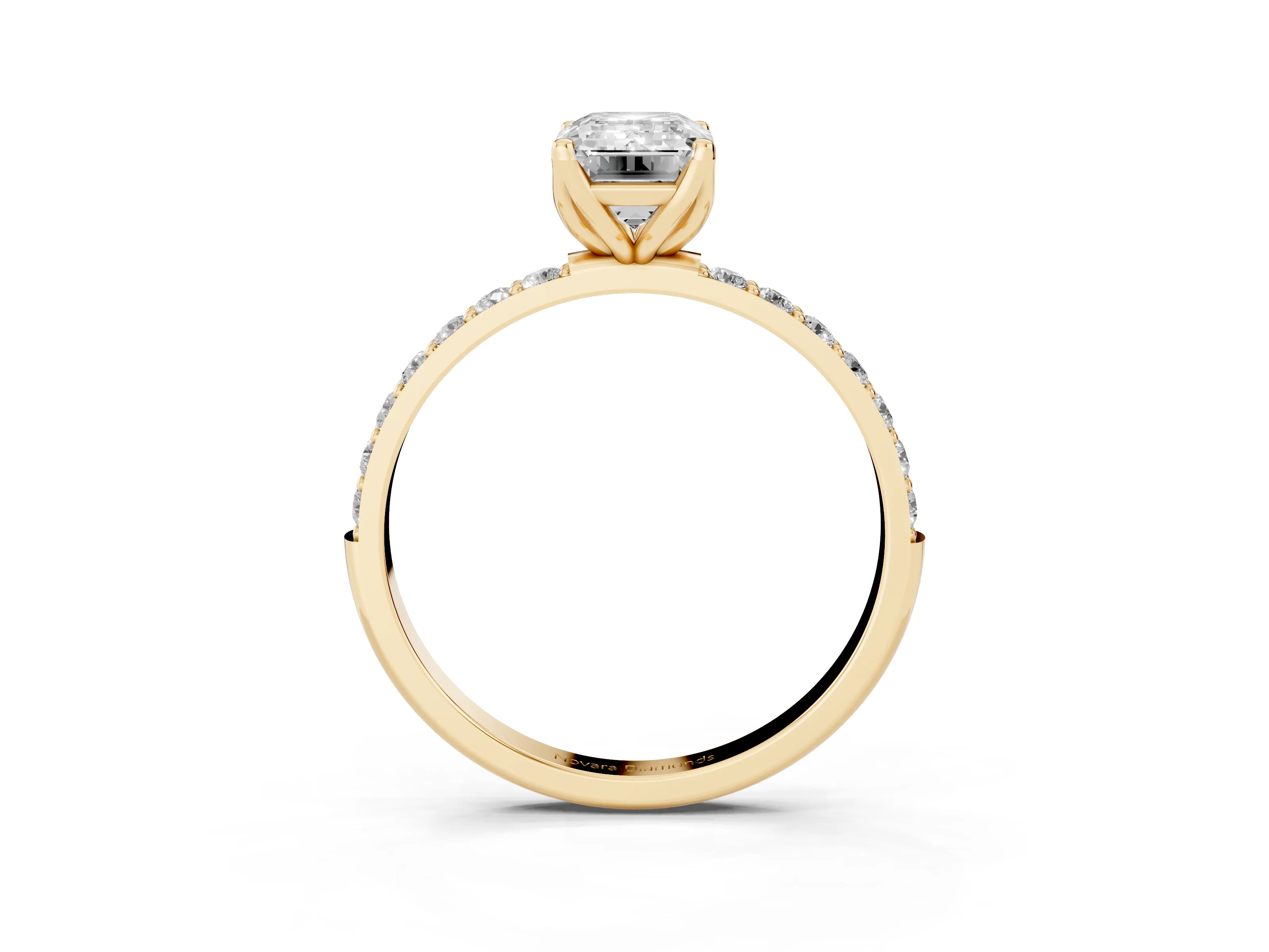 Emerald Cut Diamond Solitaire Engagement Ring Set in Yellow gold with Round Pavé Band and Prong Setting