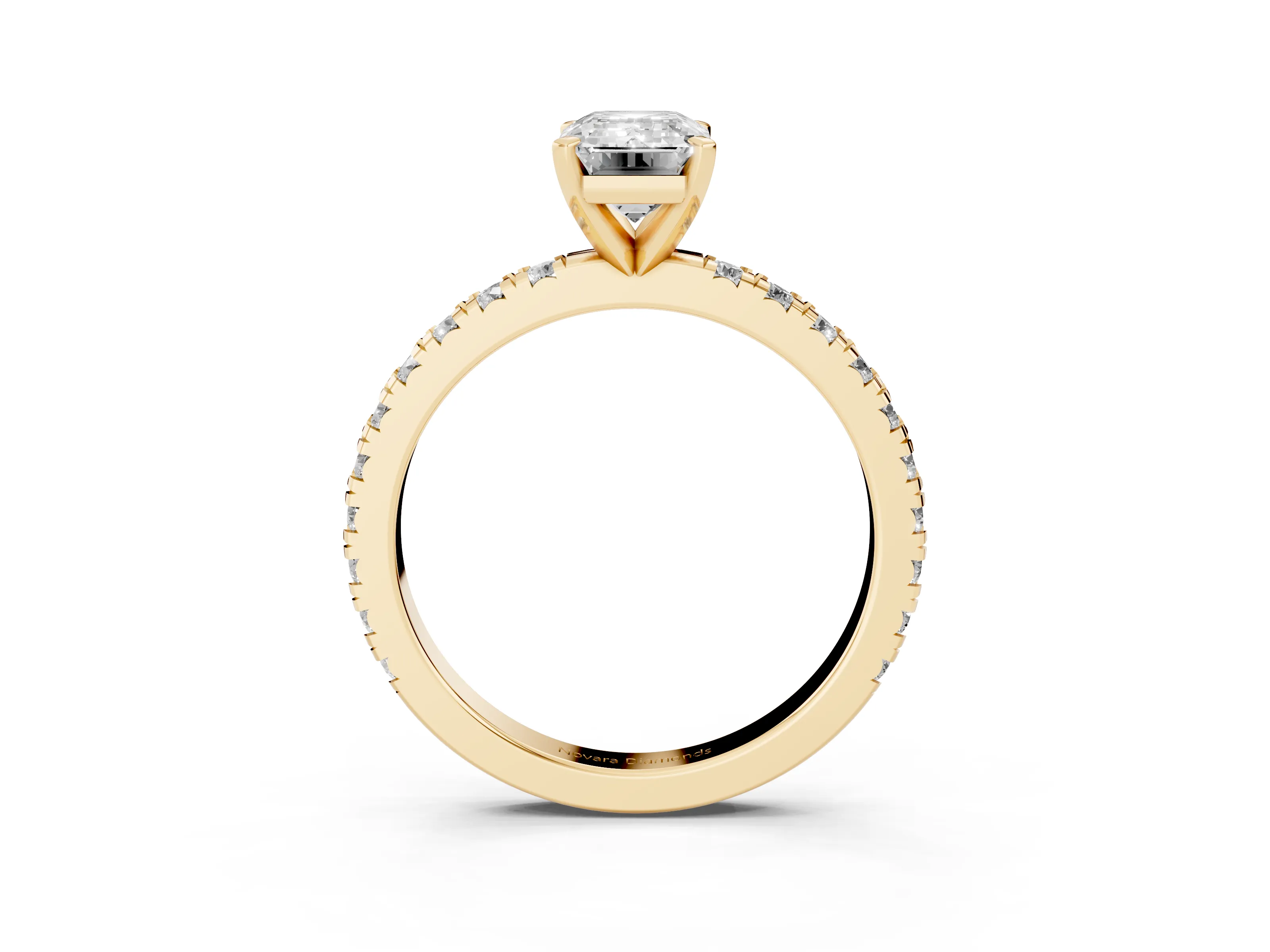 Emerald Cut Diamond Pavé Band Solitaire Set in Yellow gold with Prong Setting