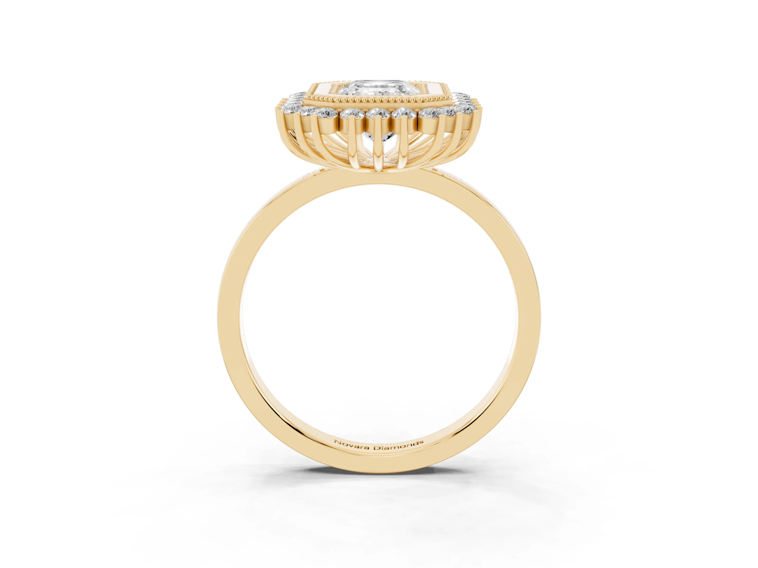 Emerald Cut Diamond Halo Ring Set in Yellow gold with Milgrain Edge and Round Prong Setting