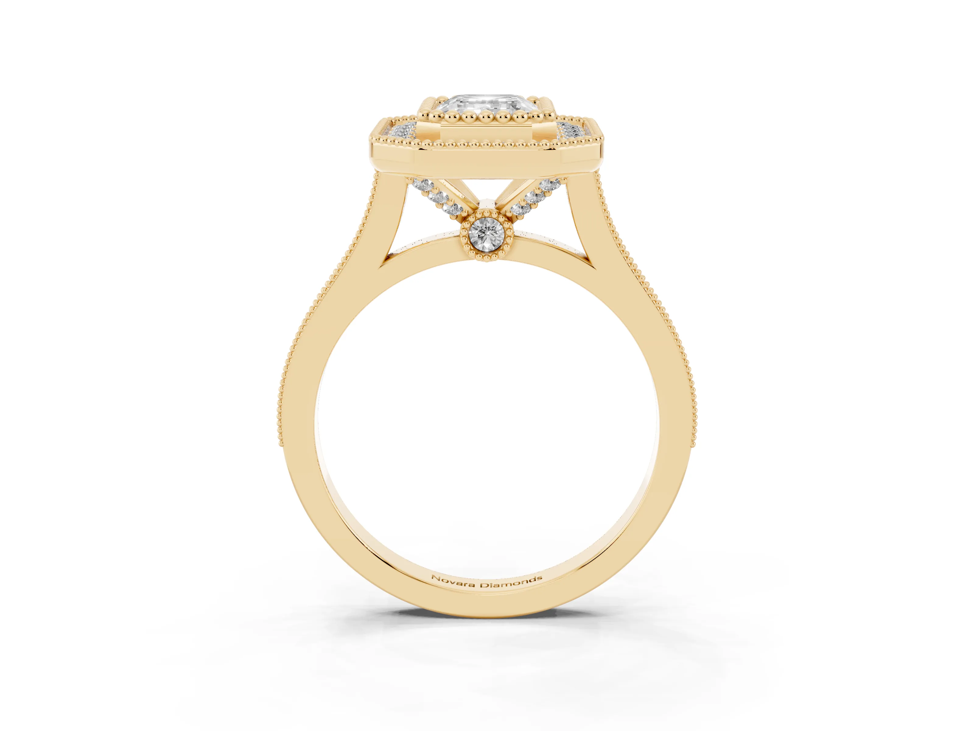 Emerald Cut Diamond Halo Ring Set in Yellow gold with Milgrain Frame and Pavé Band