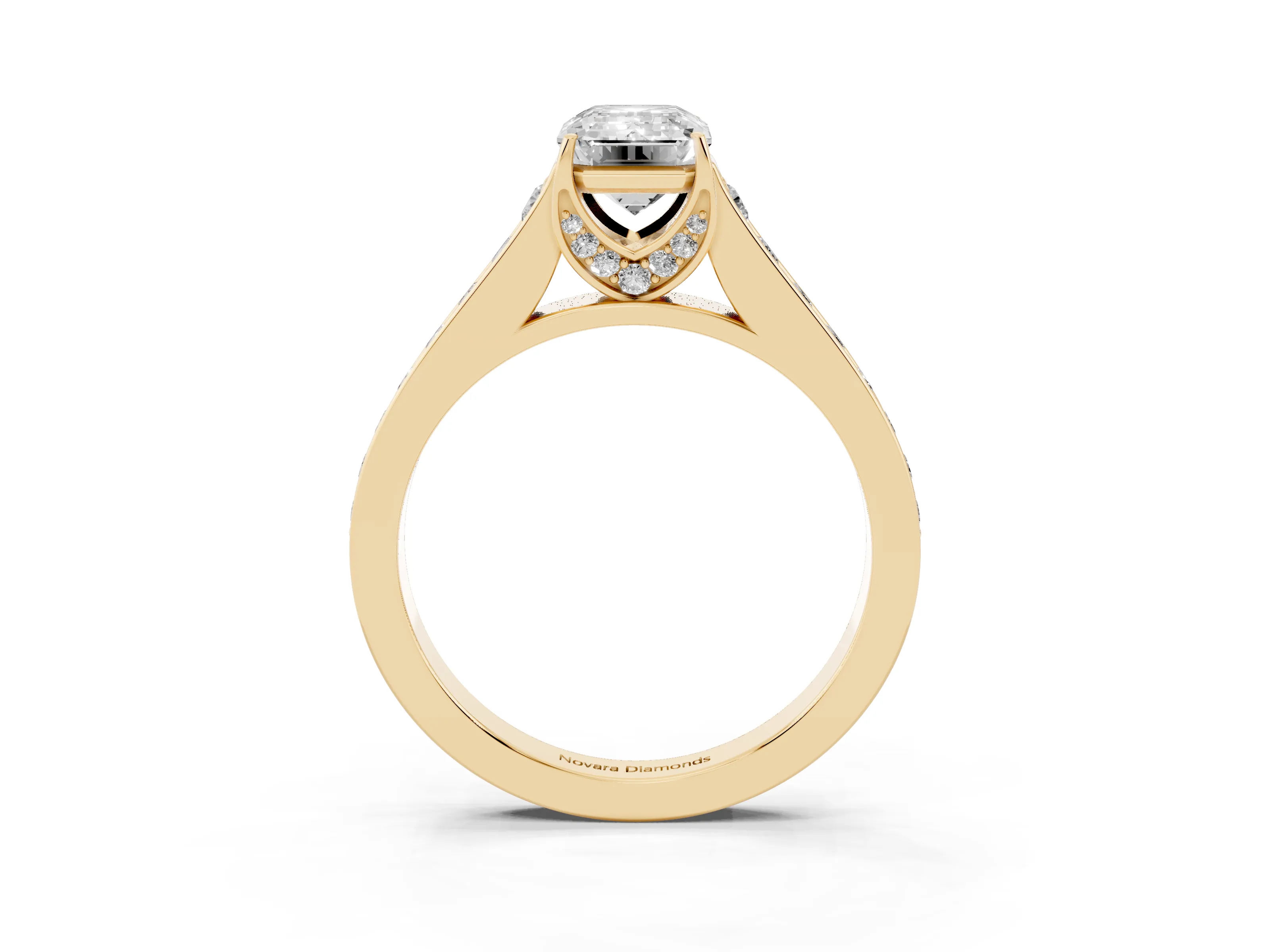 Emerald Cut Diamond Solitaire Pavé Engagement Ring Set in Yellow gold with Prong Setting