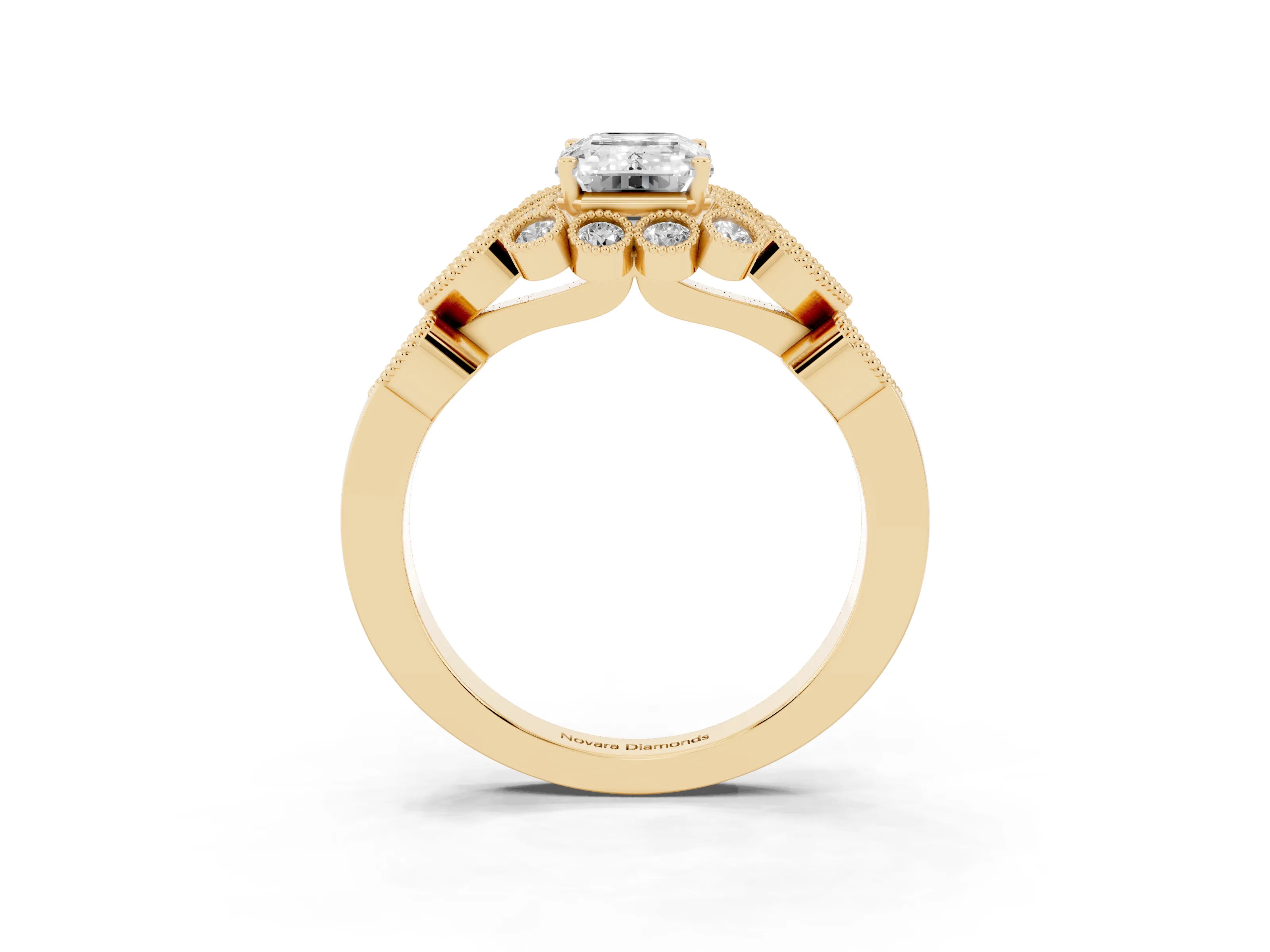 Emerald Cut Diamond Solitaire Ring Set in Yellow gold with Milgrain Pavé Heart Band