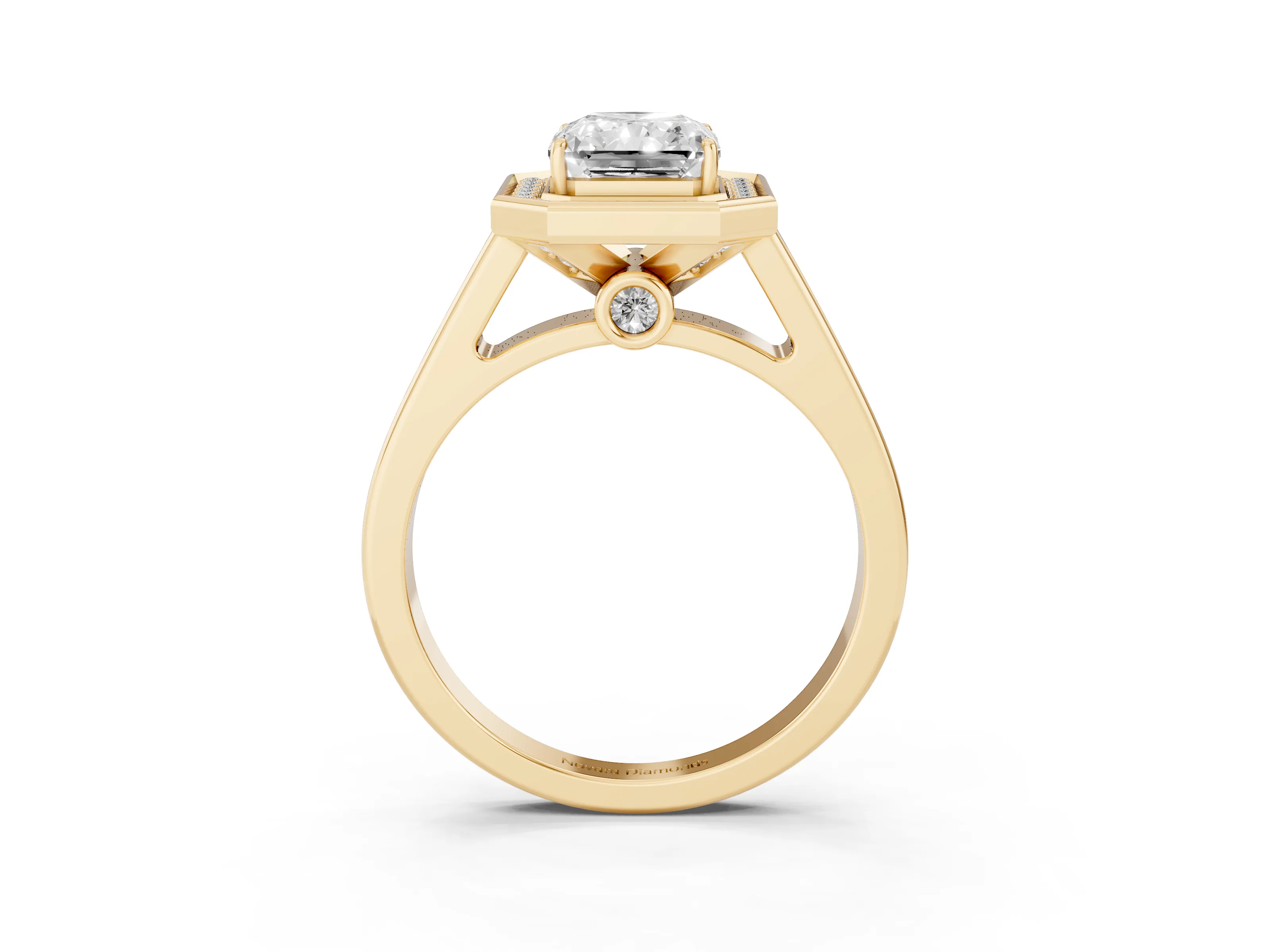 Emerald Cut Diamond Halo Solitaire Ring Set in Yellow gold with Pavé Band and Bezel Setting