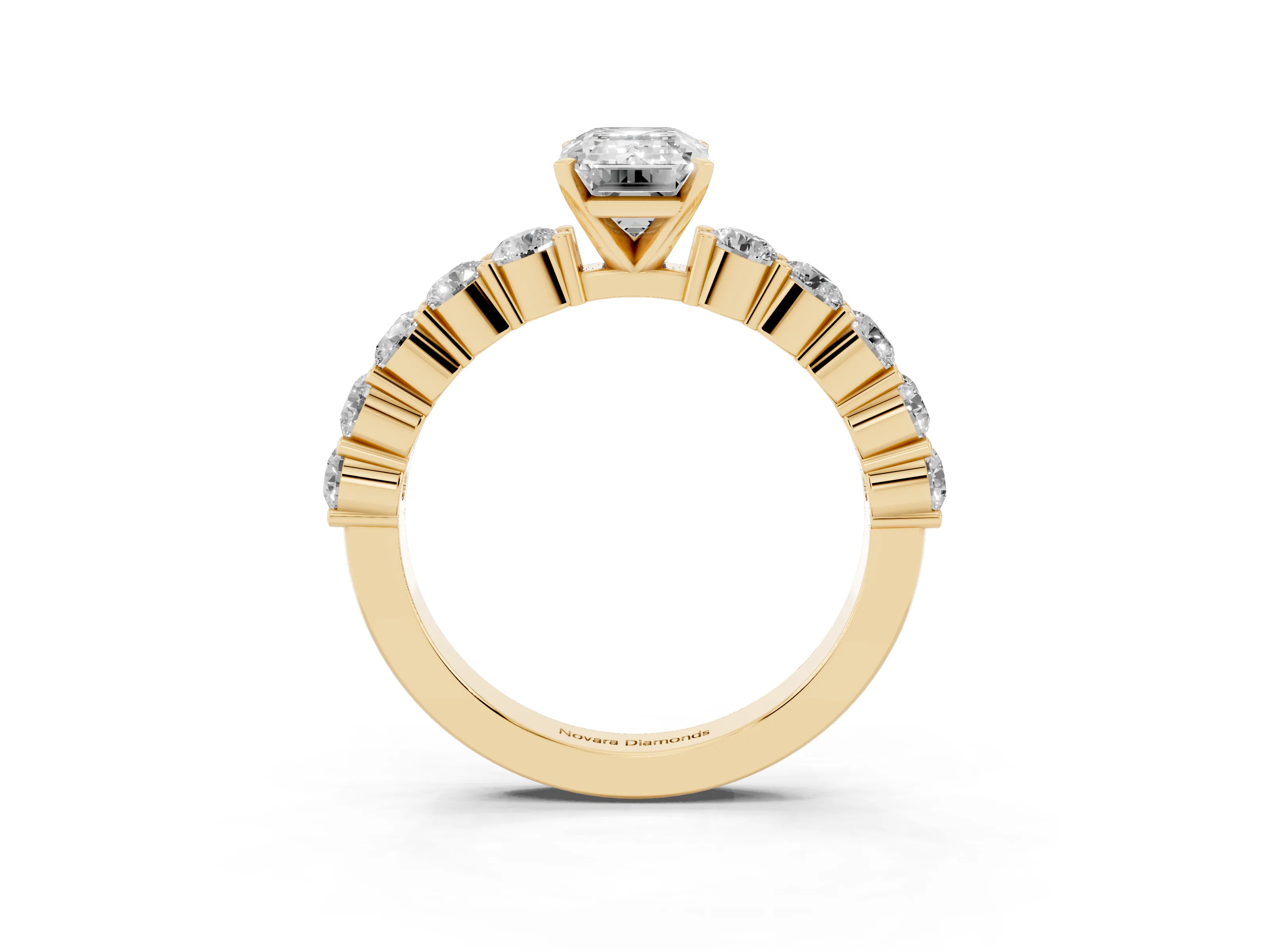 Emerald Cut Diamond Solitaire Ring Set in Yellow gold with Shared Prong Round Side Stones