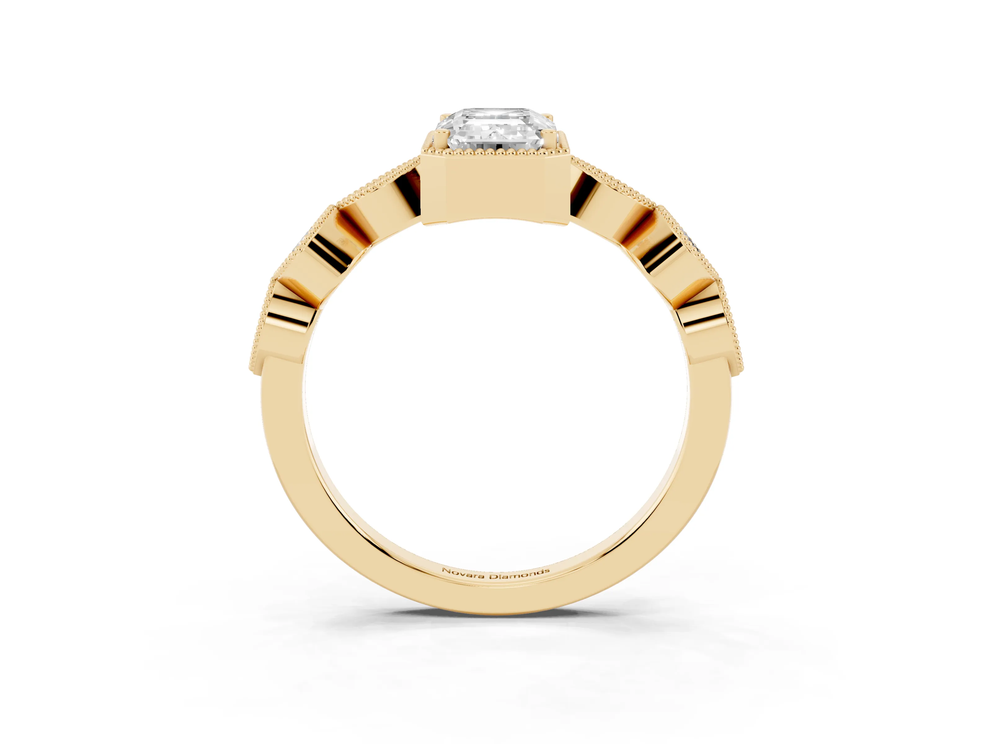 Emerald Cut Diamond Vintage-Inspired Milgrain Ring Set in Yellow gold with Marquise Stations of Round Accents