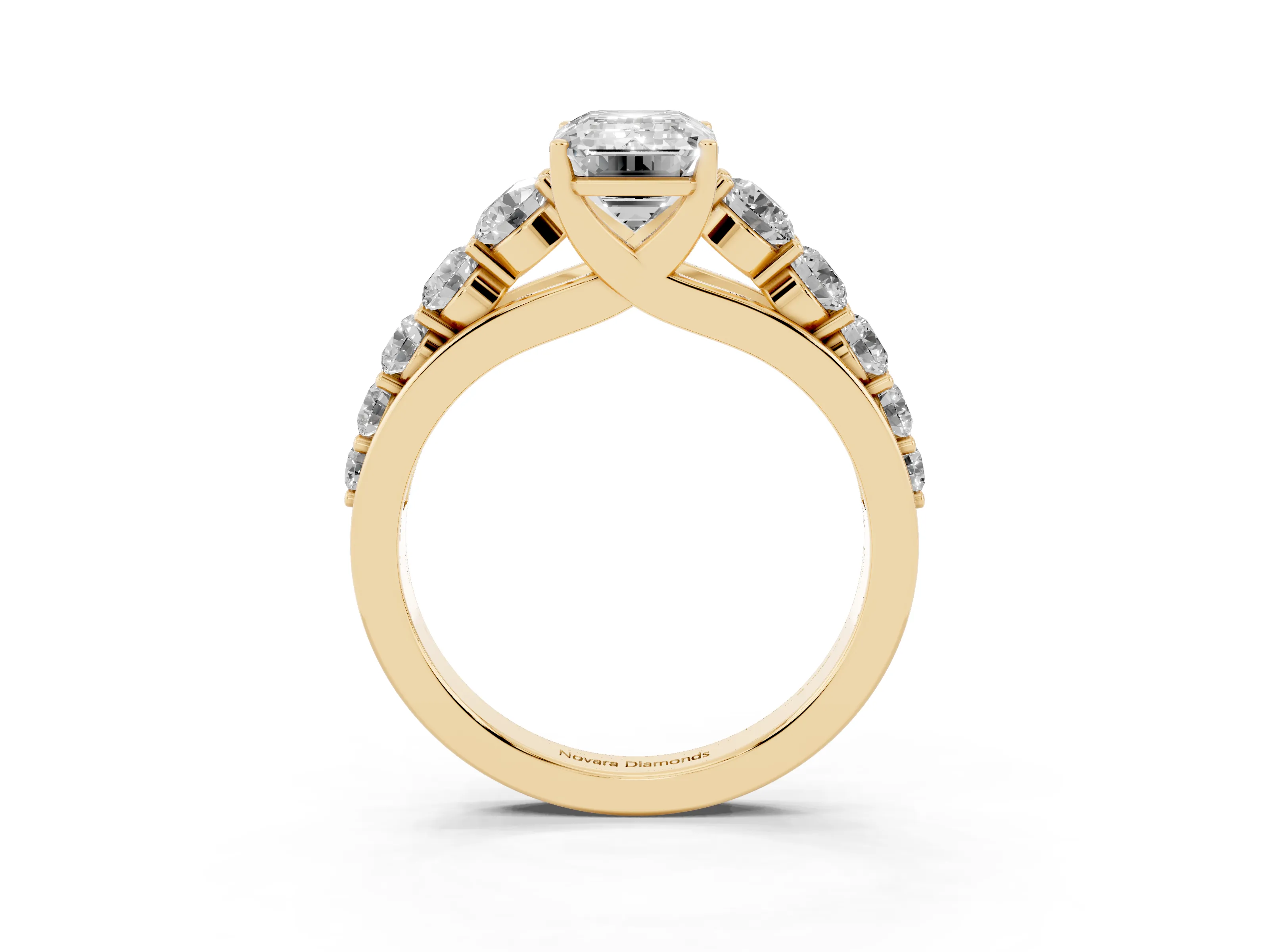 Emerald Cut Diamond Solitaire Ring Set in Yellow gold with Pavé-Set Band and Prong Setting