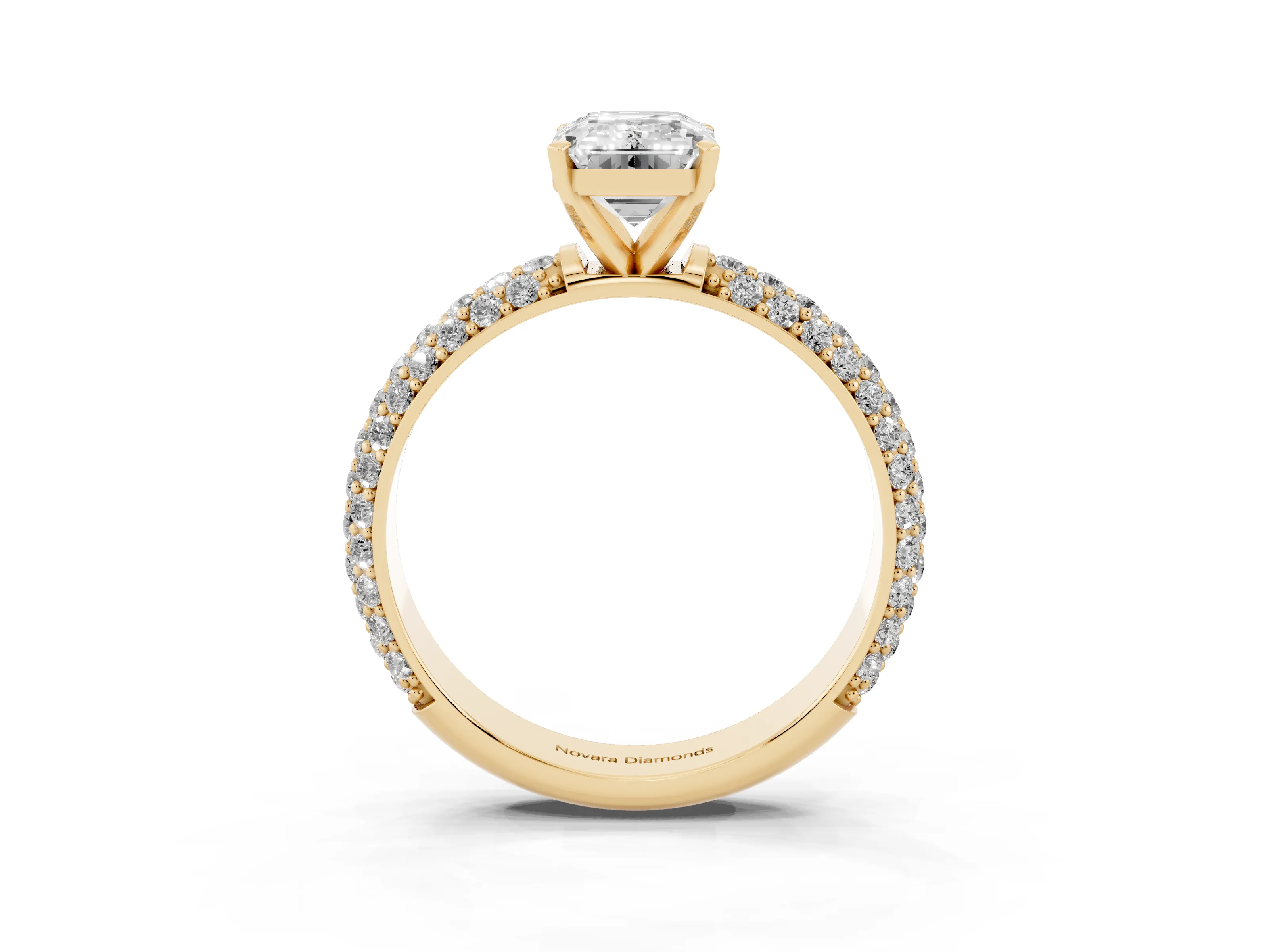 Emerald Cut Diamond Solitaire Ring Set in Yellow gold with Prong Setting and Pavé-Set Band