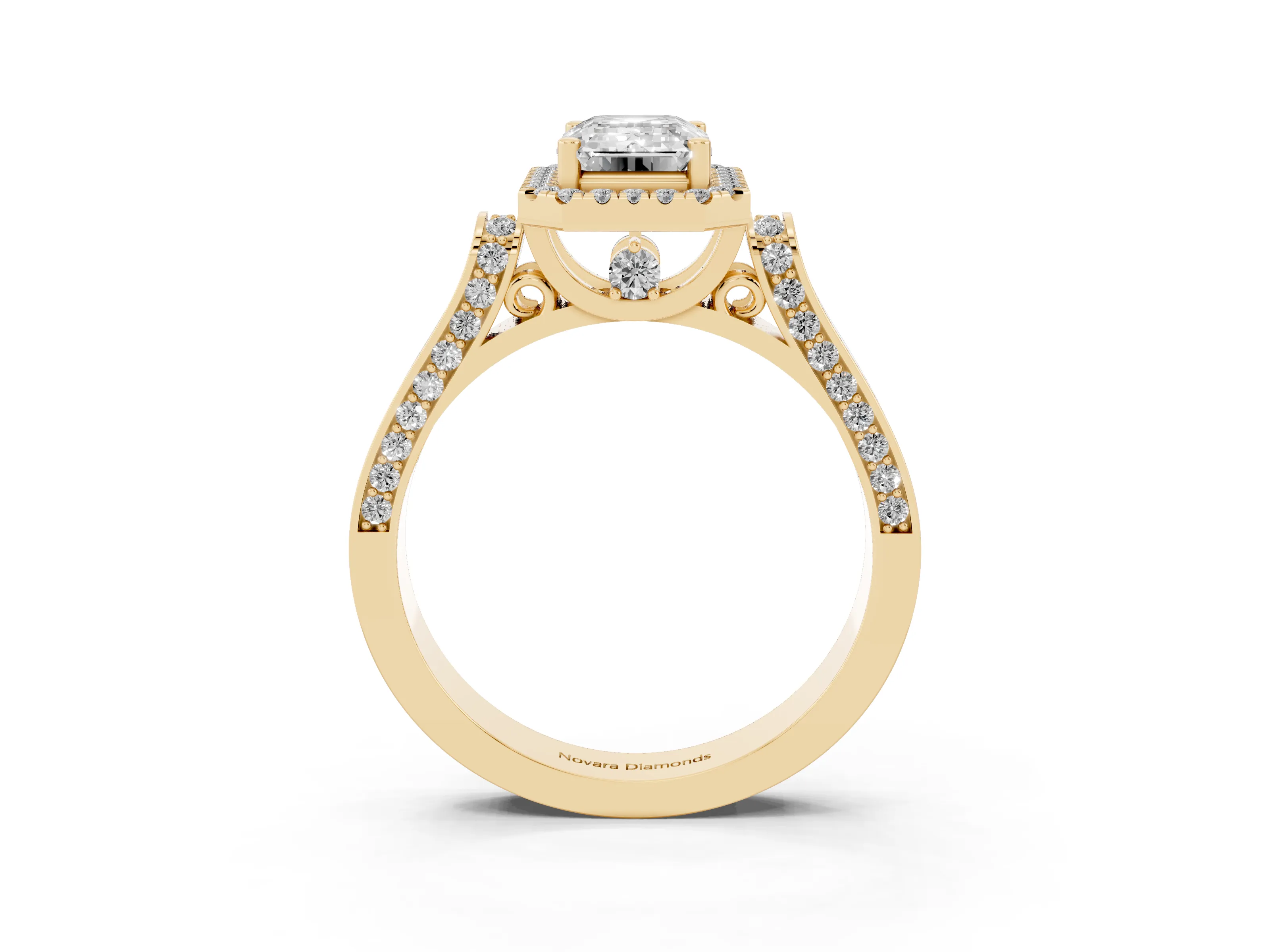 Emerald Cut Diamond Halo Ring Set in Yellow gold with Pavé-Lined Split Shank Band