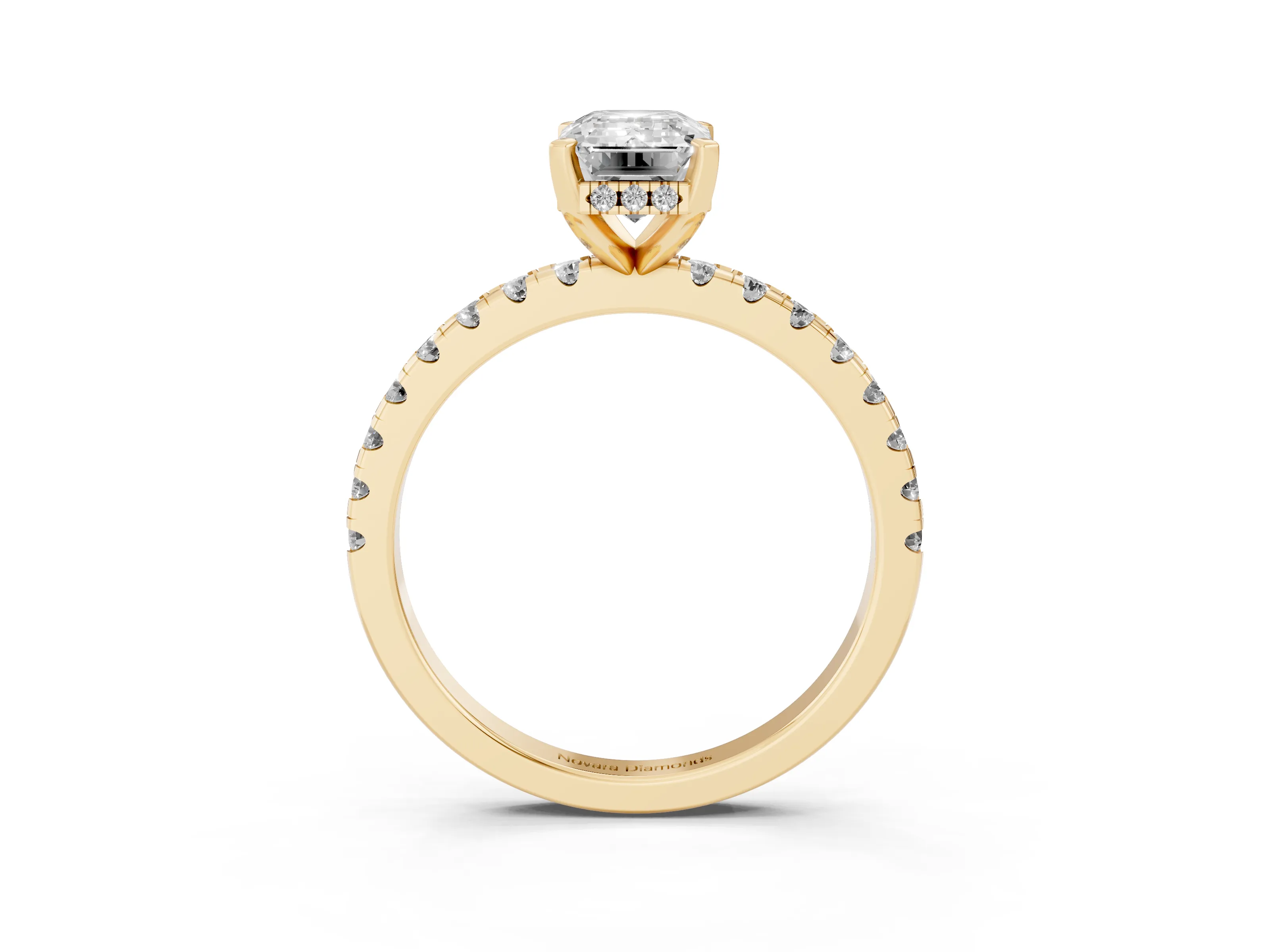 Emerald Cut Diamond Pavé Solitaire Ring Set in Yellow gold with Round Band Accents and Prong Setting