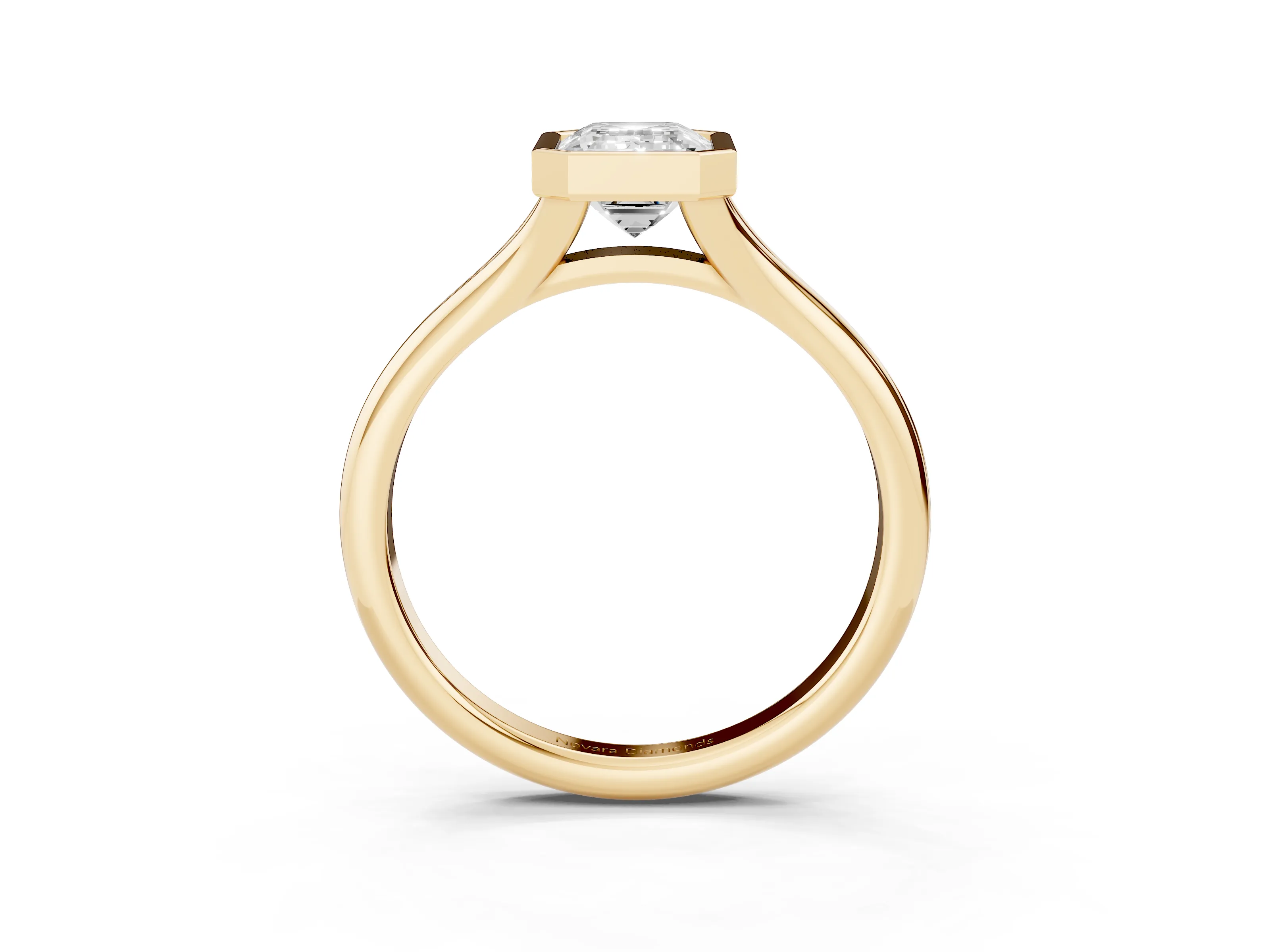 Bezel Set Emerald Cut Diamond Solitaire Ring Set in Yellow gold with Smooth Band