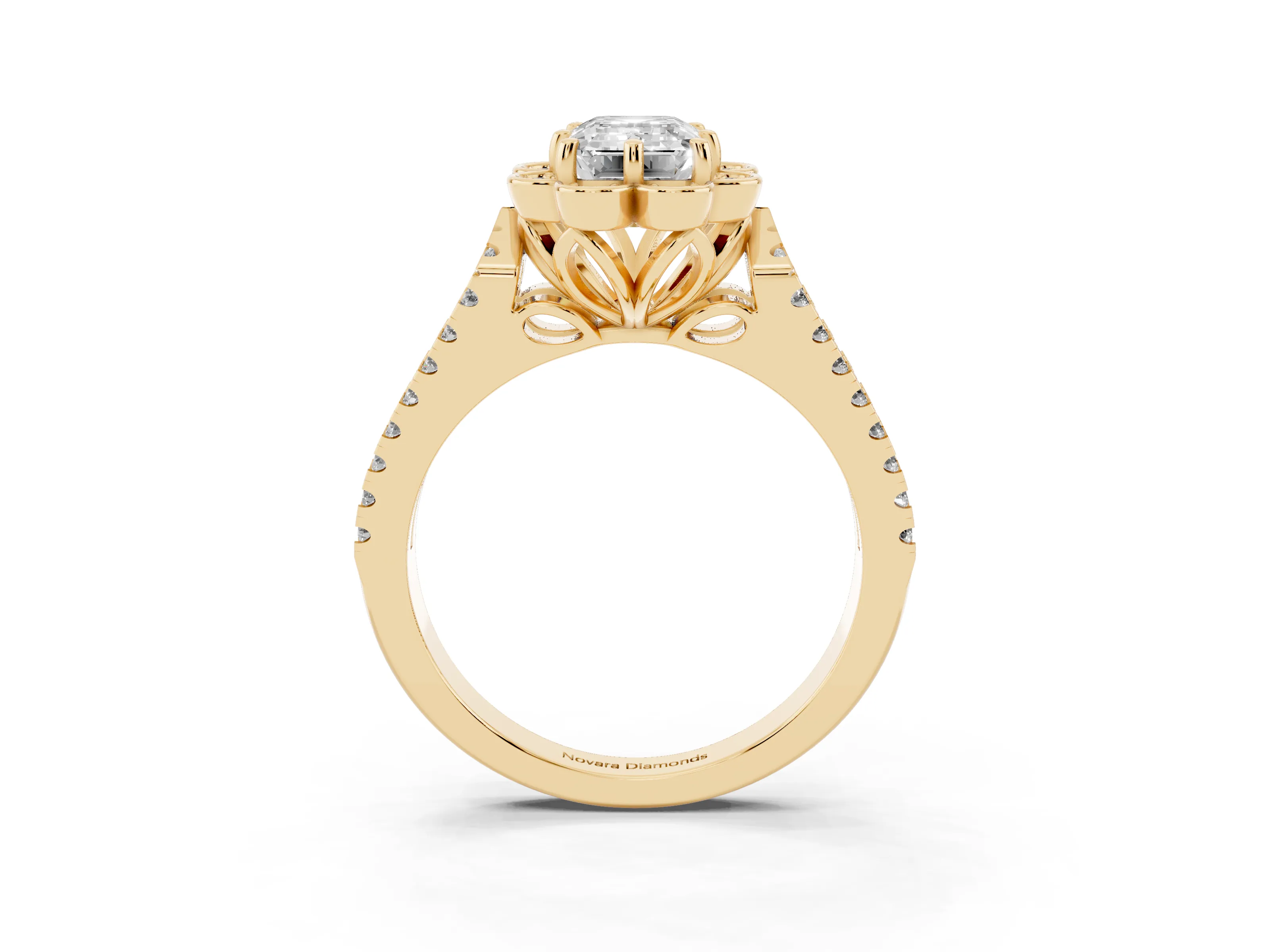 Emerald Cut Diamond Floral Halo Split Shank Engagement Ring Set in Yellow gold with Pavé Shank
