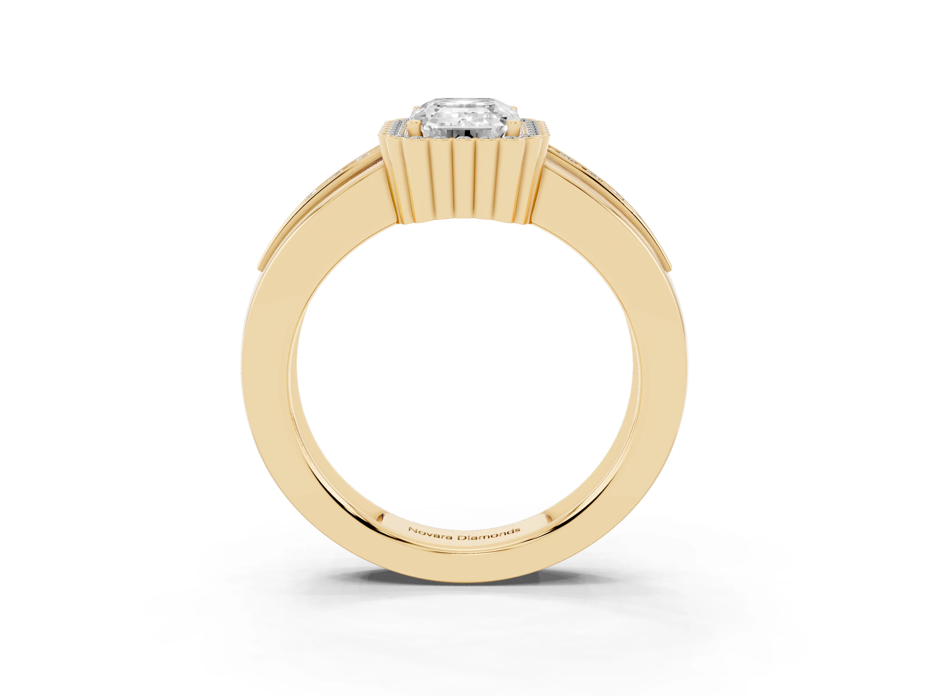 Emerald Cut Diamond Halo Prong Ring Set in Yellow gold with Pavé Band