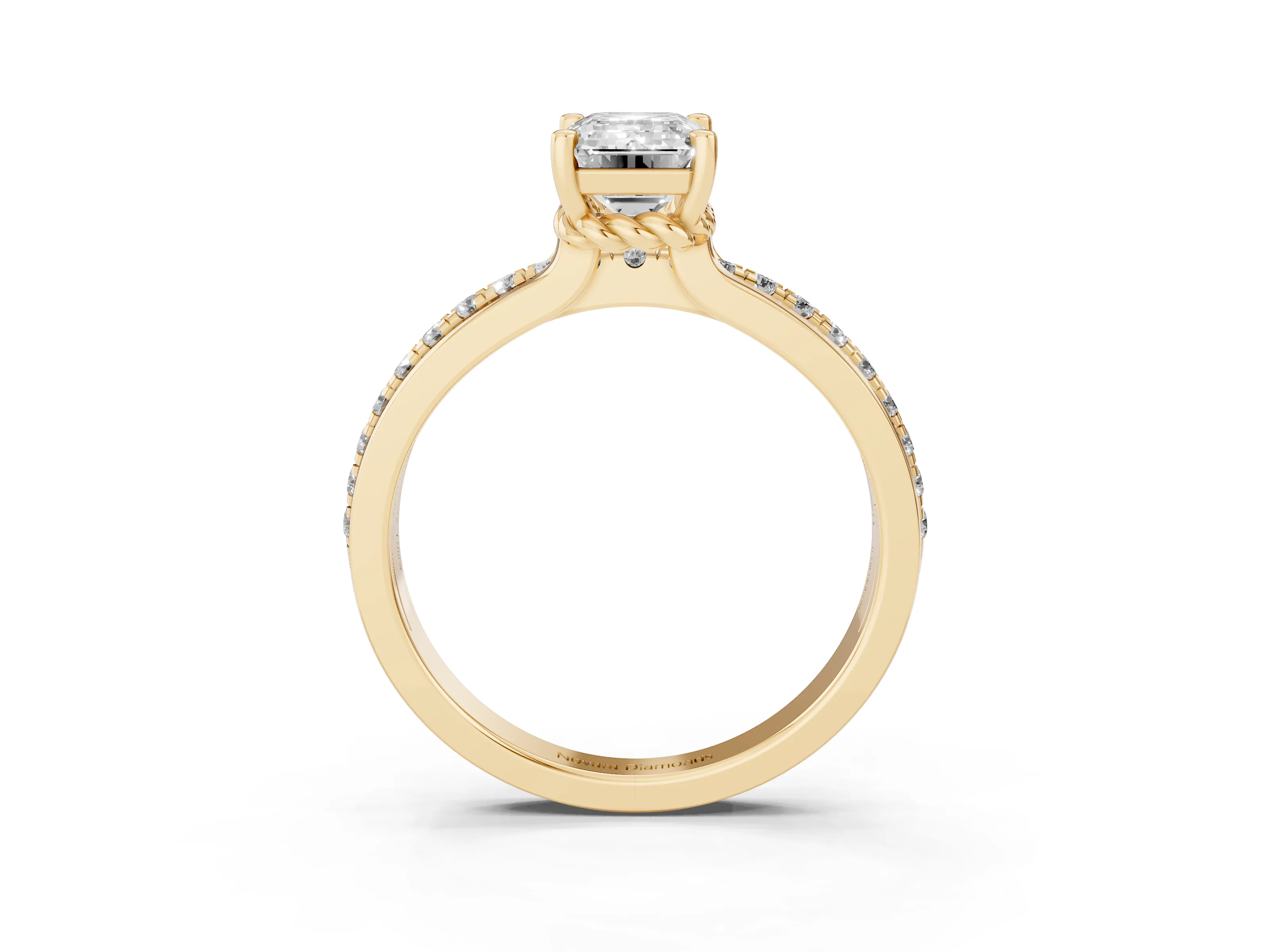 Emerald Cut Diamond Solitaire Ring Set in Yellow gold with Channel Set Band and Prong Setting