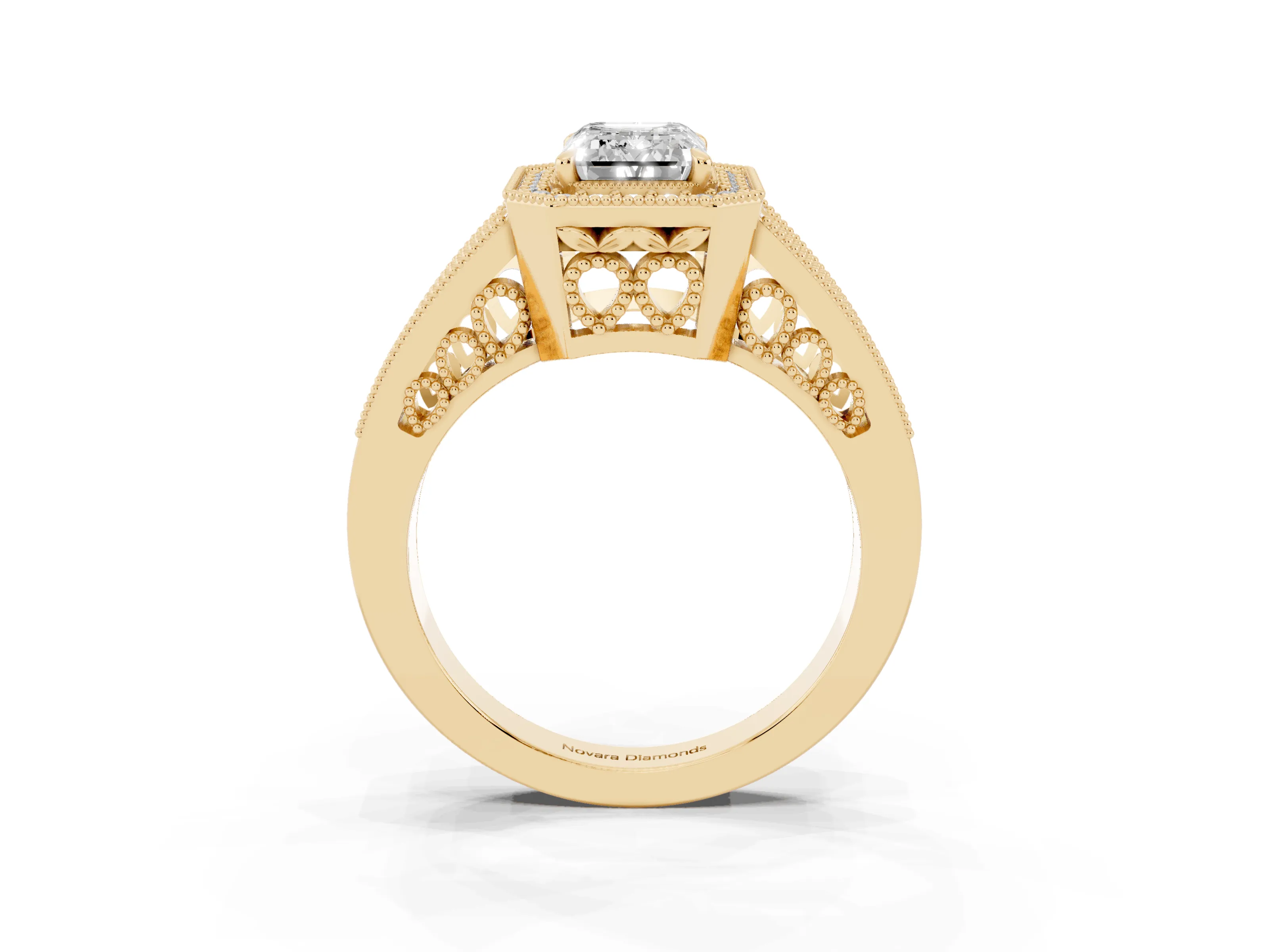 Emerald Cut Diamond Halo Ring Set in Yellow gold with Stone-Set Split Shank and Milgrain Edges