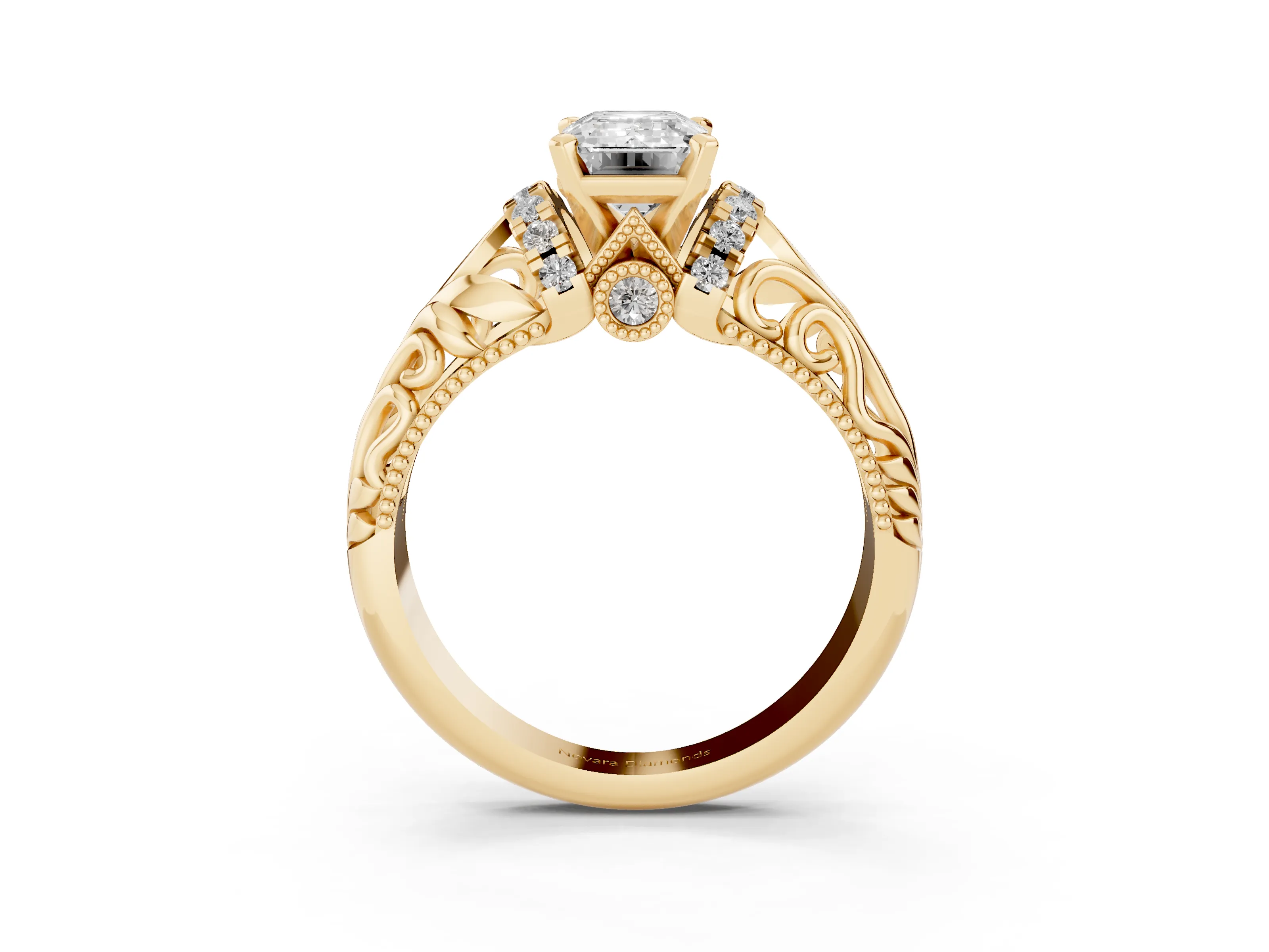 Emerald Cut Diamond Filigree Halo Engagement Ring Set in Yellow gold with Prong Setting