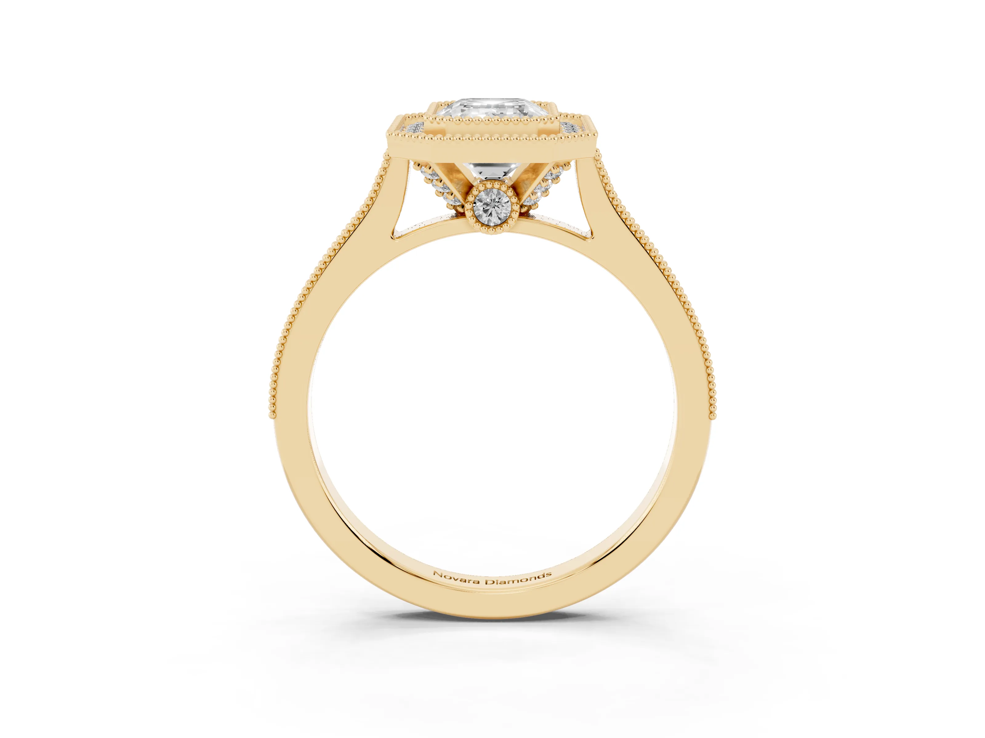 Emerald Cut Diamond Halo Milgrain Pavé Band Ring Set in Yellow gold with Prong Setting