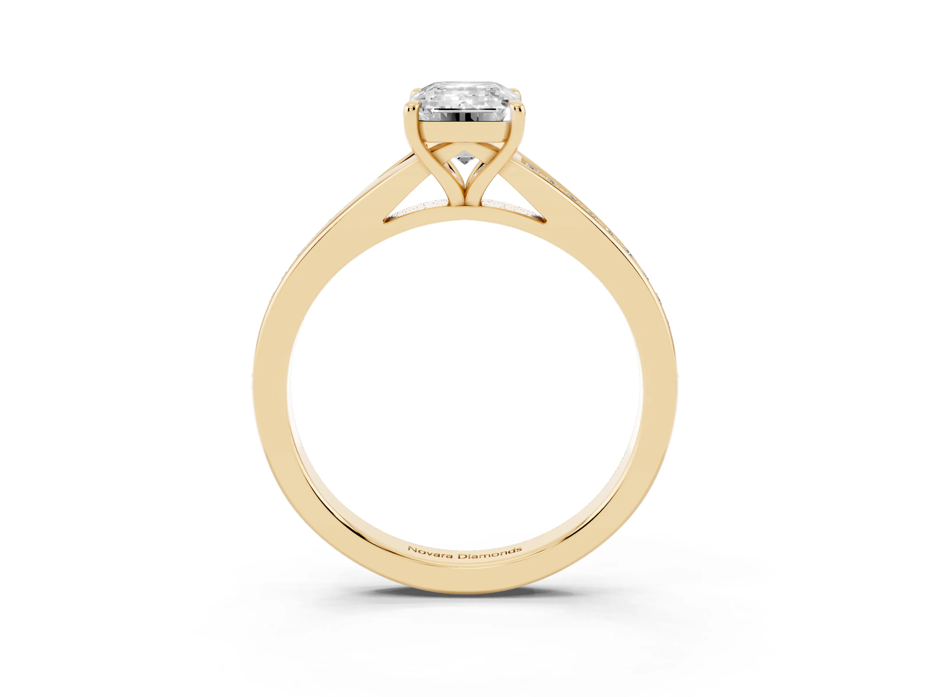 Emerald Cut Diamond Solitaire Ring Set in Yellow gold with Pavé Accent Band and Classic Prong Setting