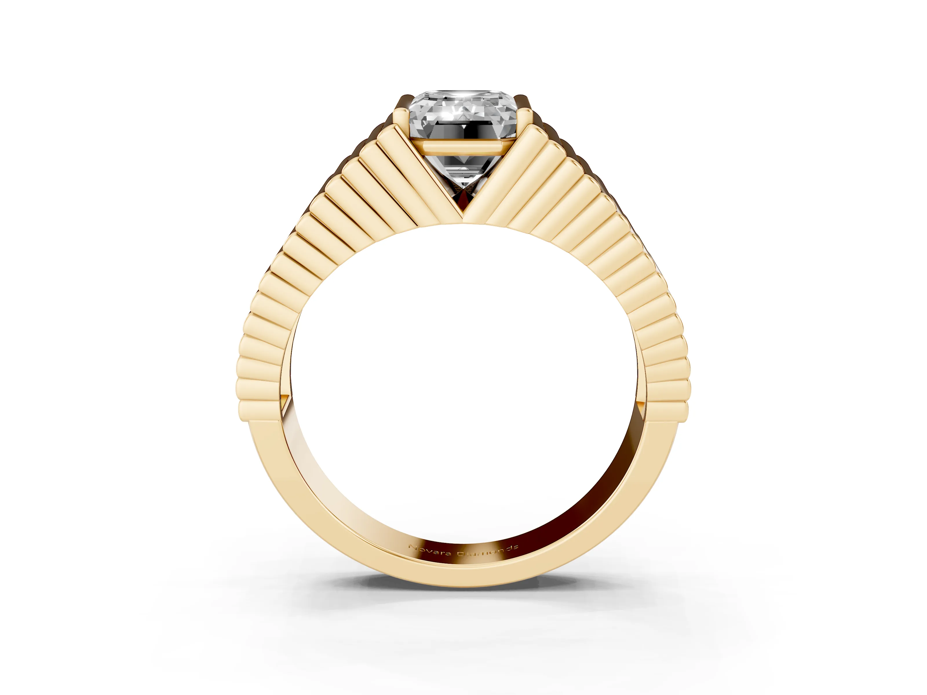Emerald Cut Diamond Mens Ring Set in Yellow gold with Fluted Band