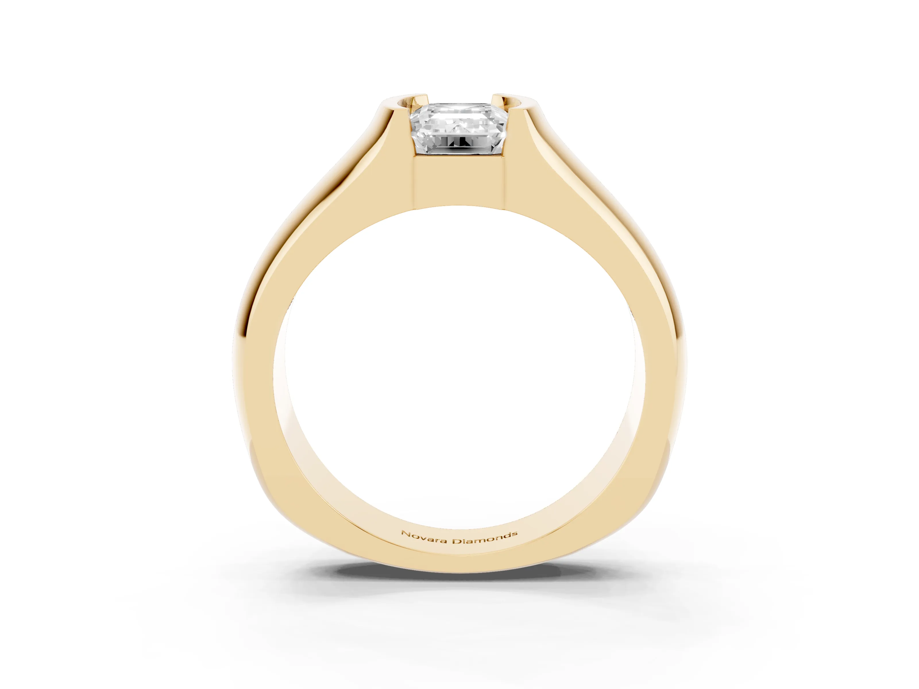 Emerald Cut Diamond Bezel Solitaire Ring Set in Yellow gold with Wide Band