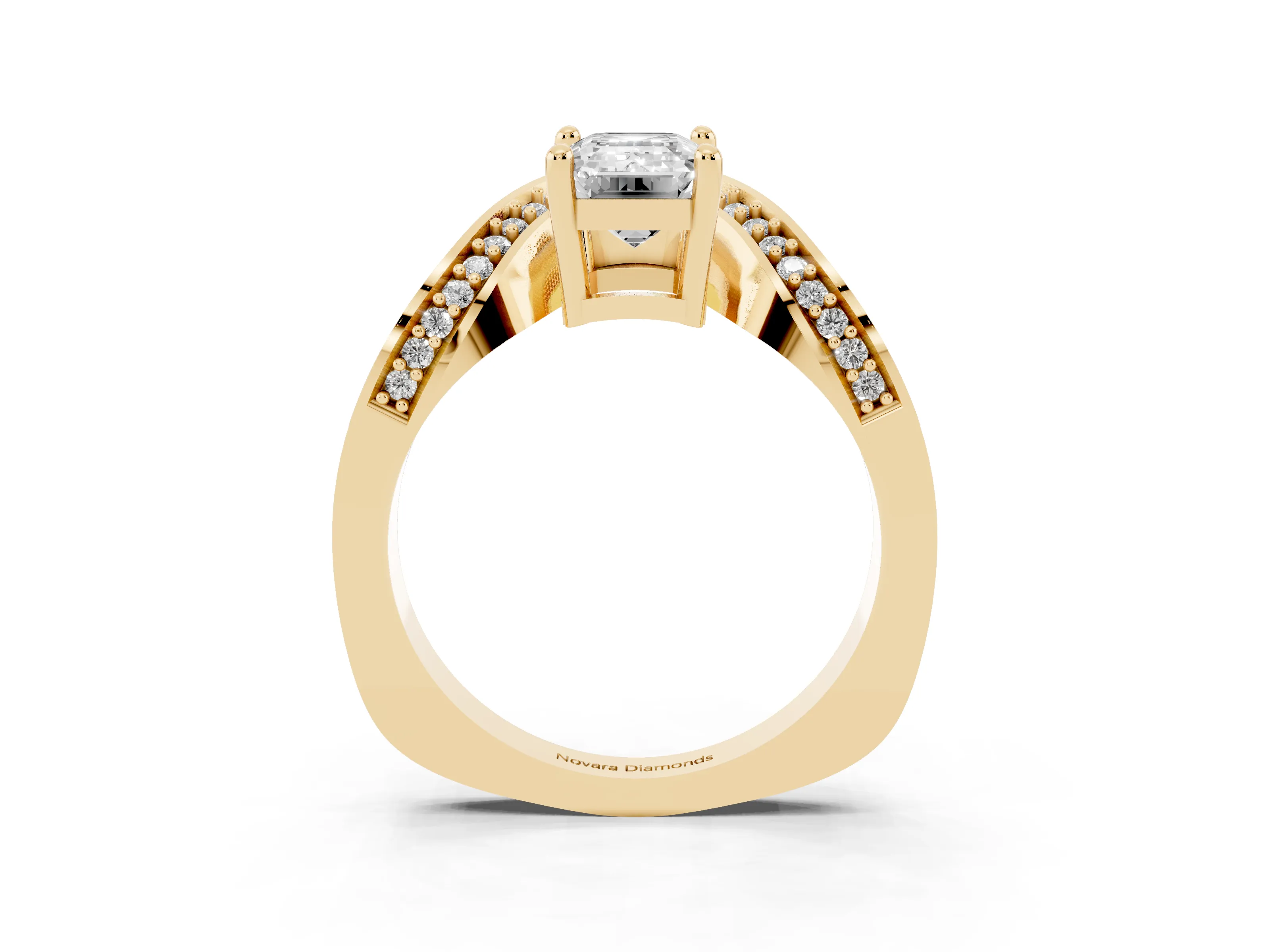 Emerald Cut Diamond Solitaire Engagement Ring Set in Yellow gold with Pavé Shoulders