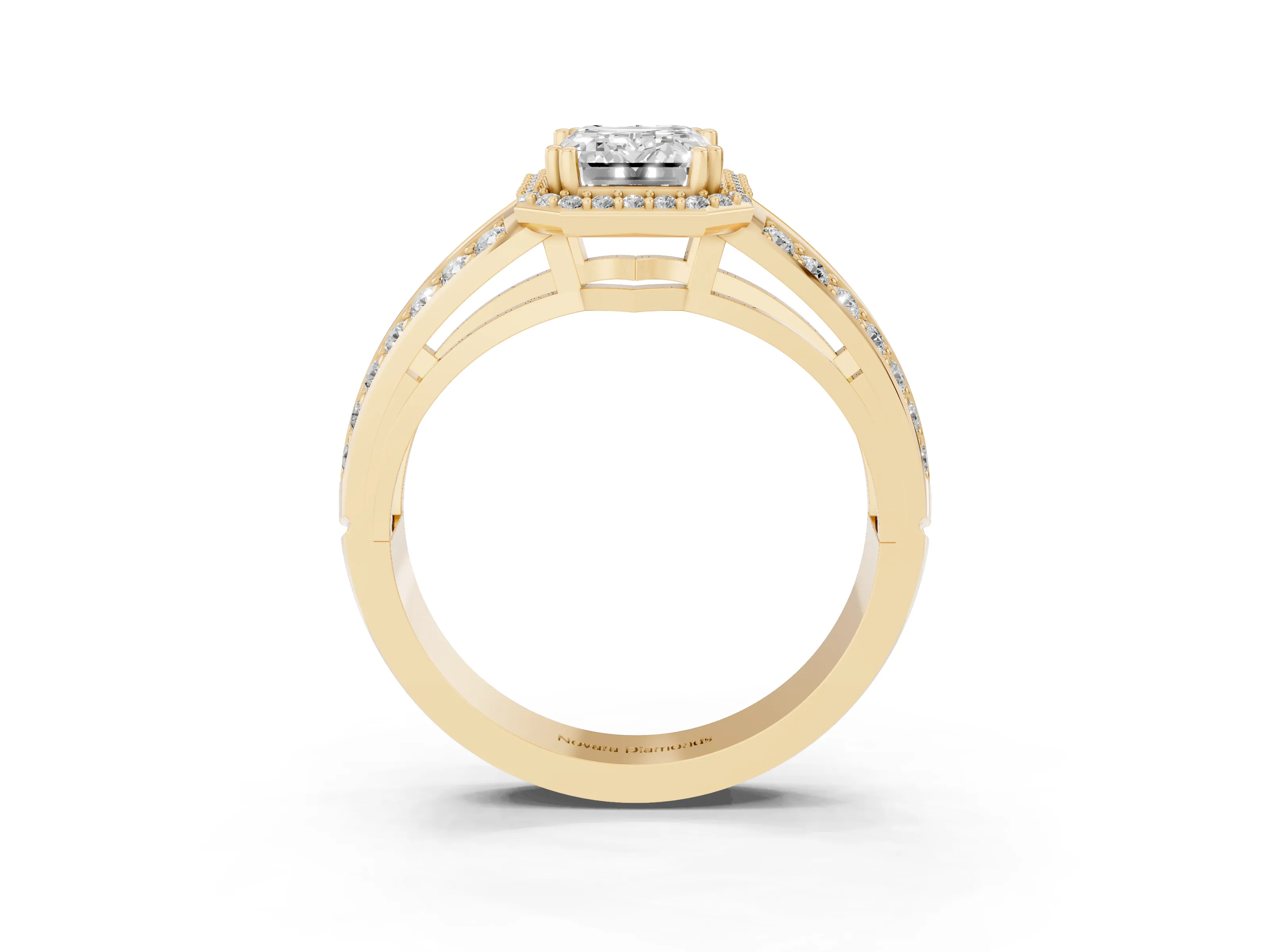 Emerald Cut Diamond Halo Ring Set in Yellow gold with Double Pavé Split Shank