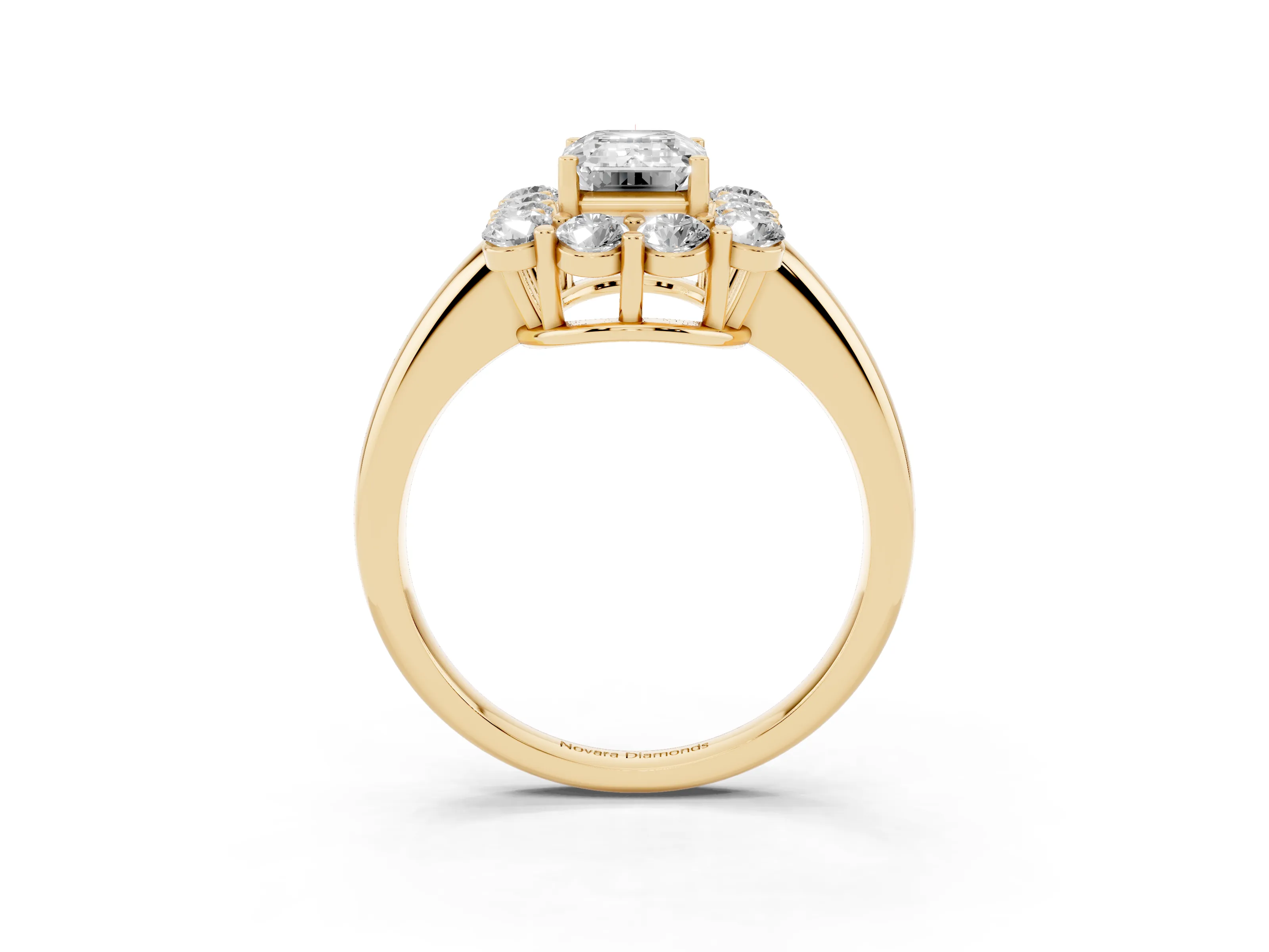 Emerald Cut Diamond Halo Cluster Engagement Ring Set in Yellow gold with Polished Band and Prong Setting
