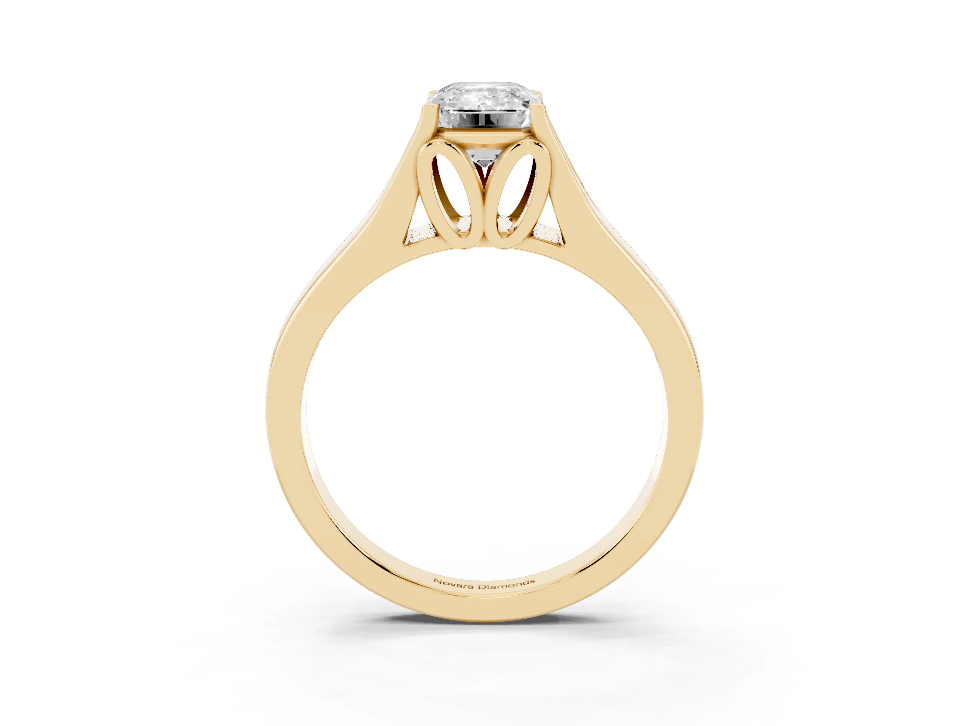 Emerald Cut Diamond Solitaire Ring Set in Yellow gold with Arched Cathedral Band and Prong Setting