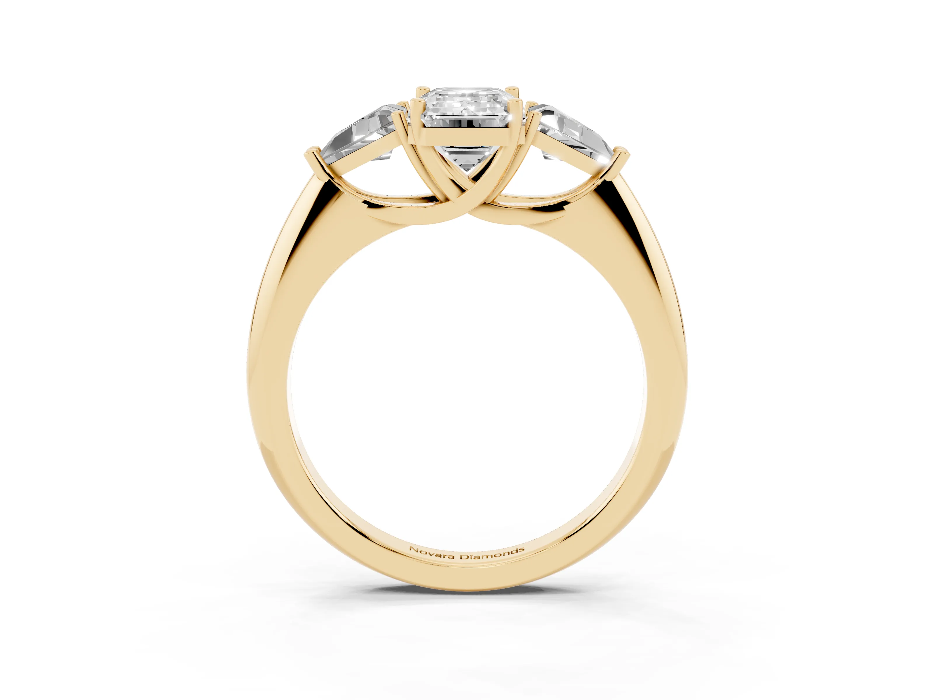 Emerald Cut Diamond Three-Stone Engagement Ring Set in Yellow gold with Trillion Side Stones