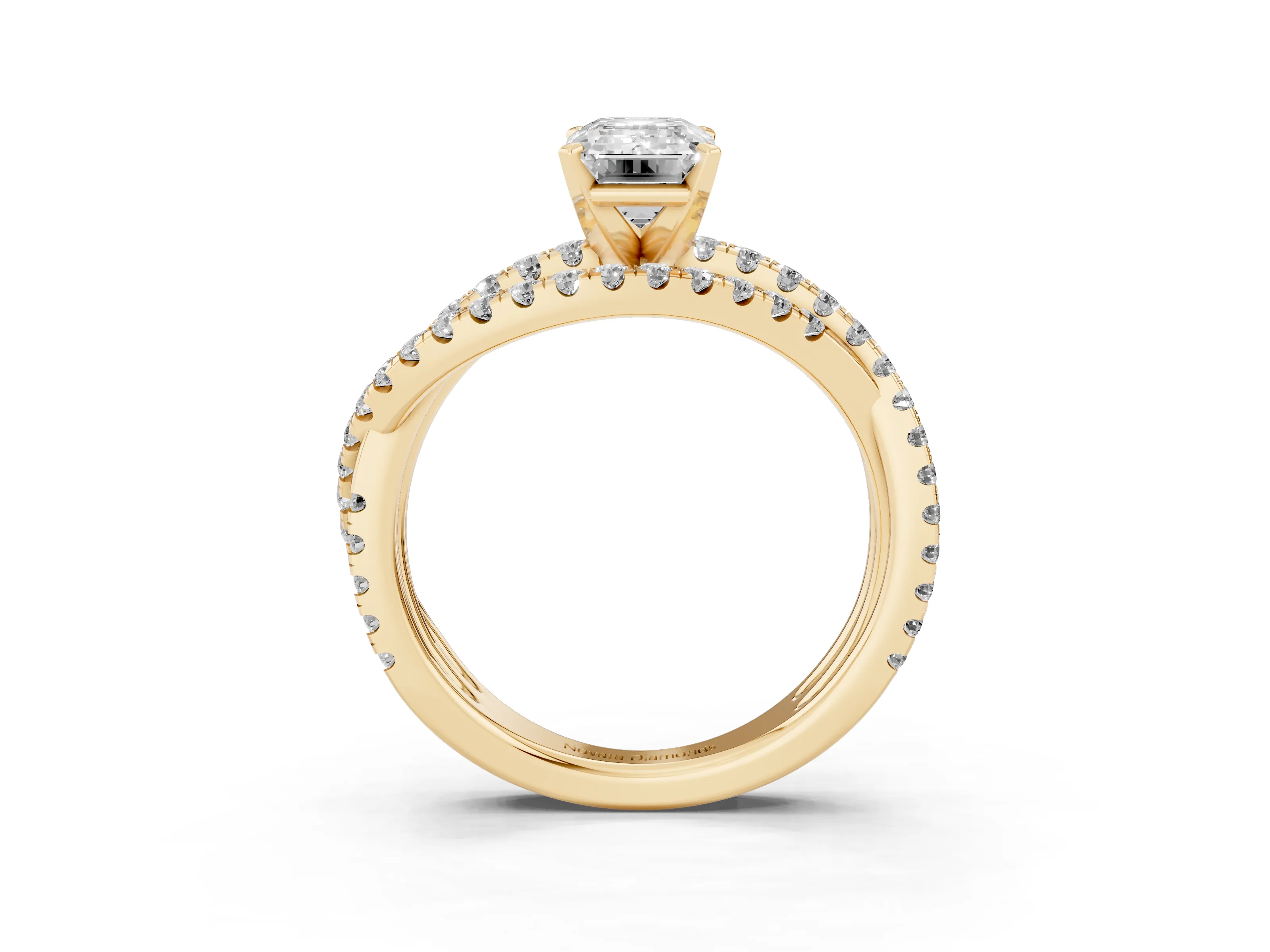 Emerald Cut Diamond Solitaire Twist Band Ring Set in Yellow gold with Pavé Setting and Prong Head
