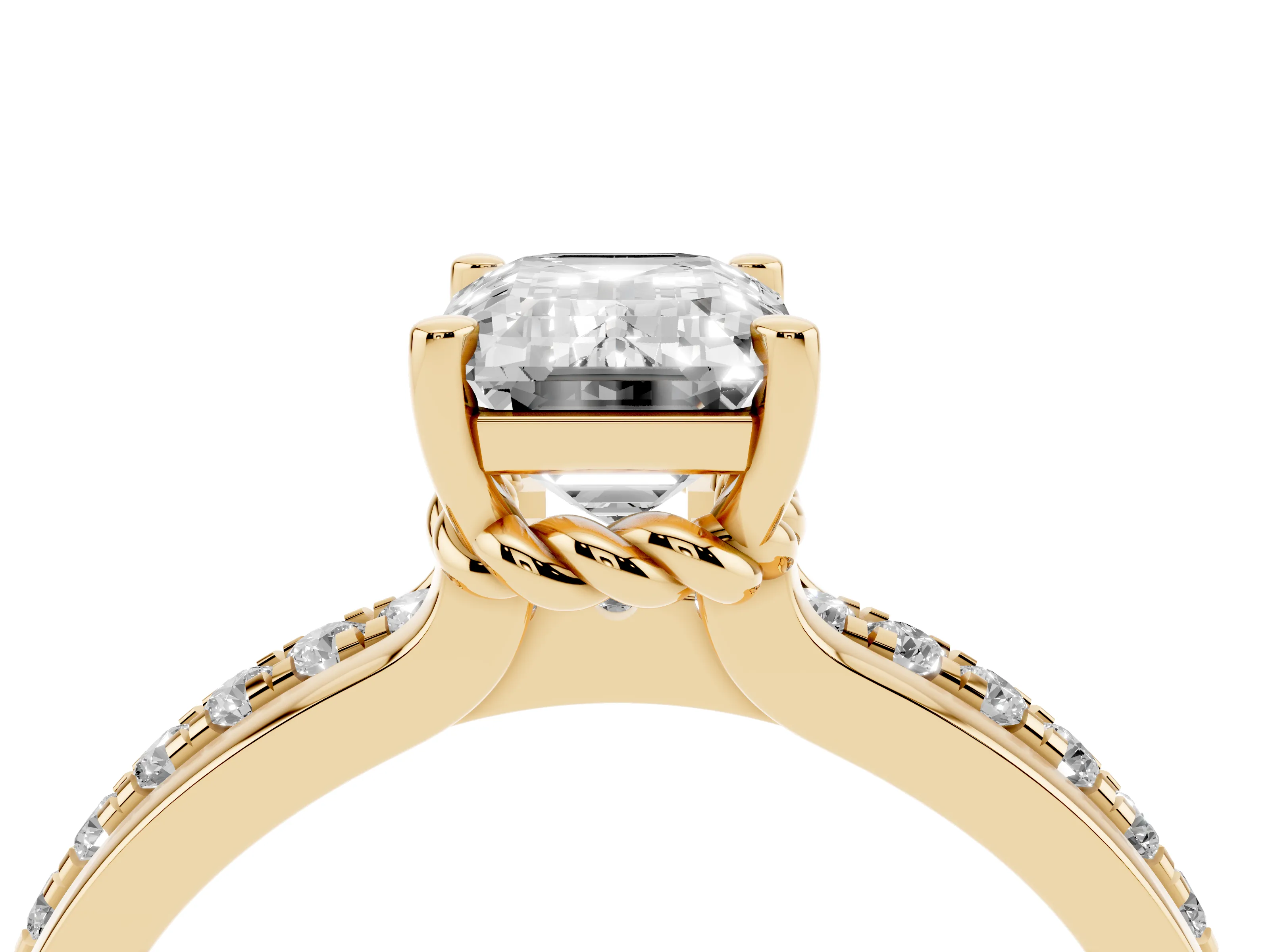 Emerald Cut Diamond Solitaire Ring Set in Yellow gold with Channel Set Band and Prong Setting