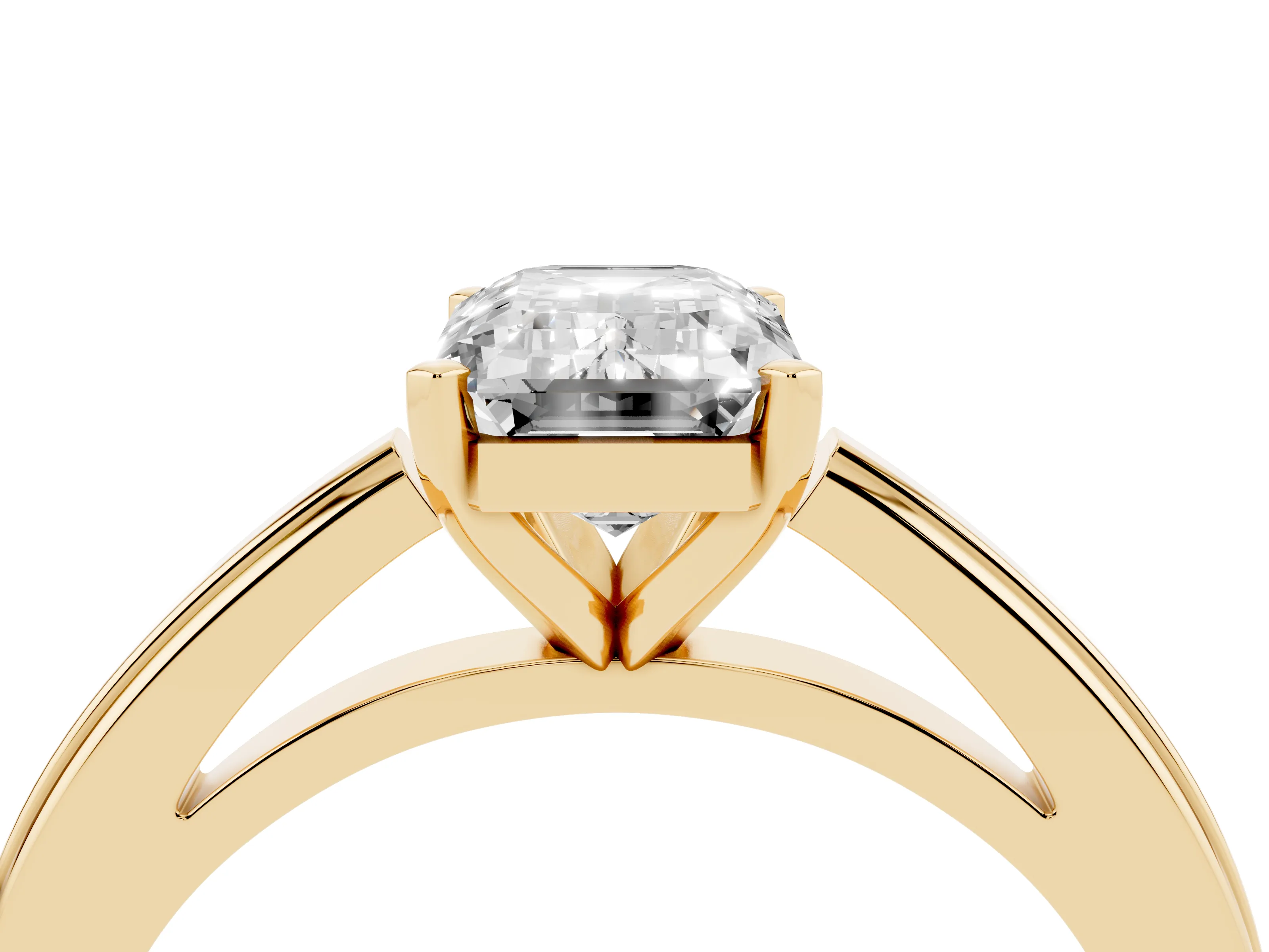 Emerald Cut Diamond Solitaire Ring Set in Yellow gold with Prong Setting and Classic Band