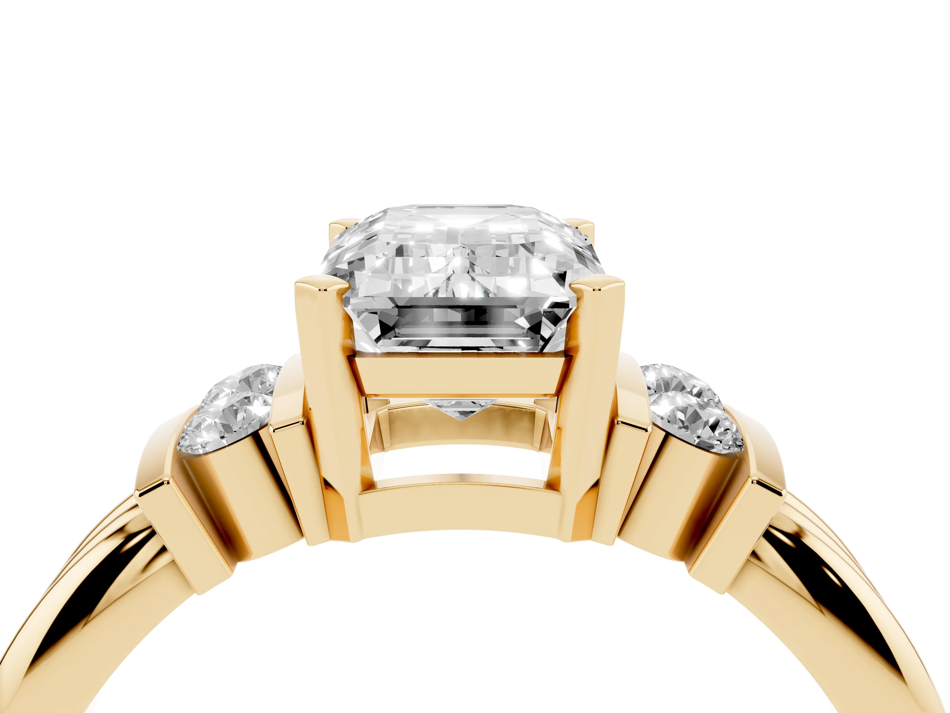 Three-Stone Emerald Cut Diamond Channel Set Ring Set in Yellow gold with Bar Prongs