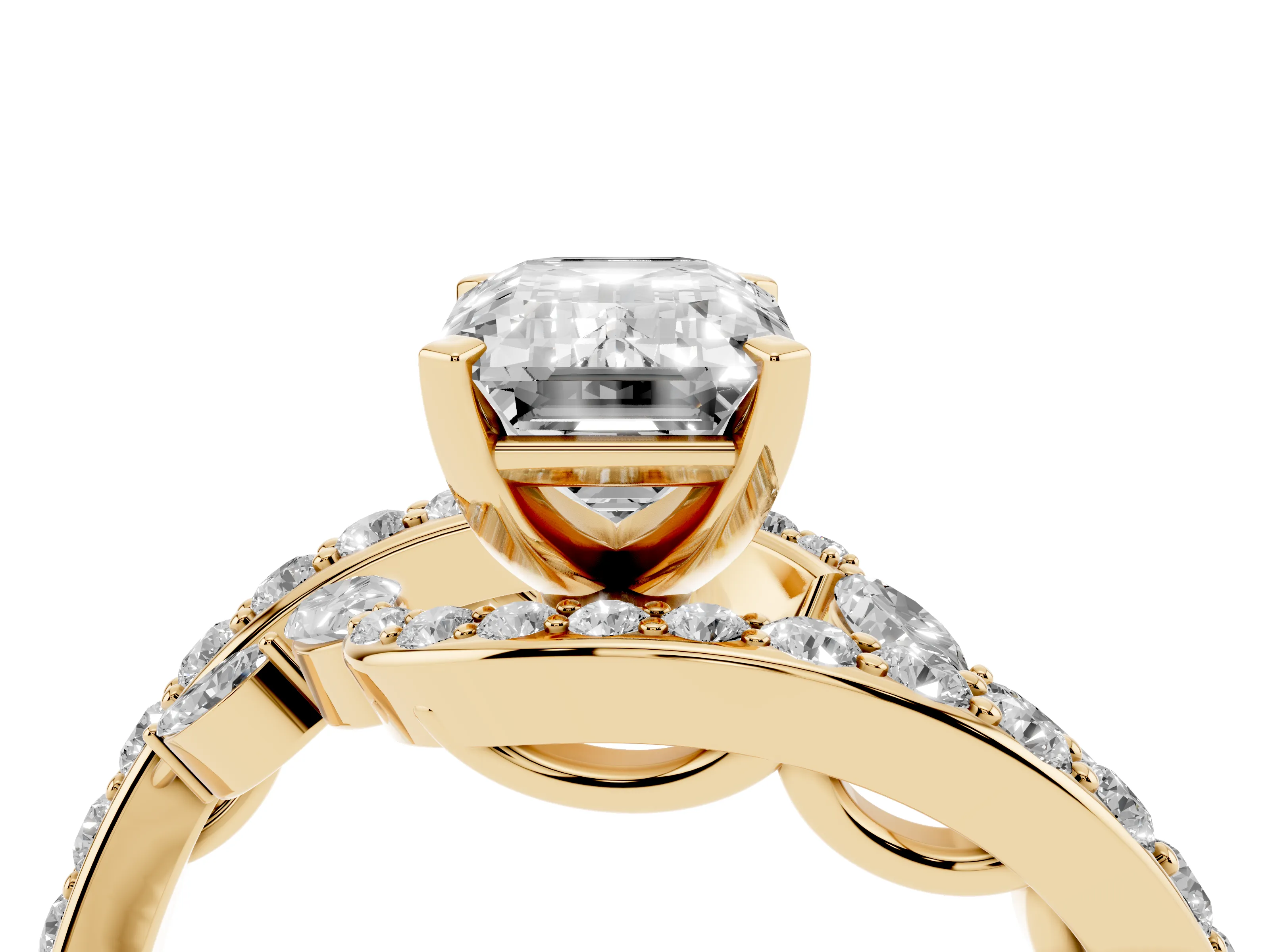 Emerald Cut Diamond Solitaire Ring Set in Yellow gold with Pavé Twist Band and Secure Prong Setting