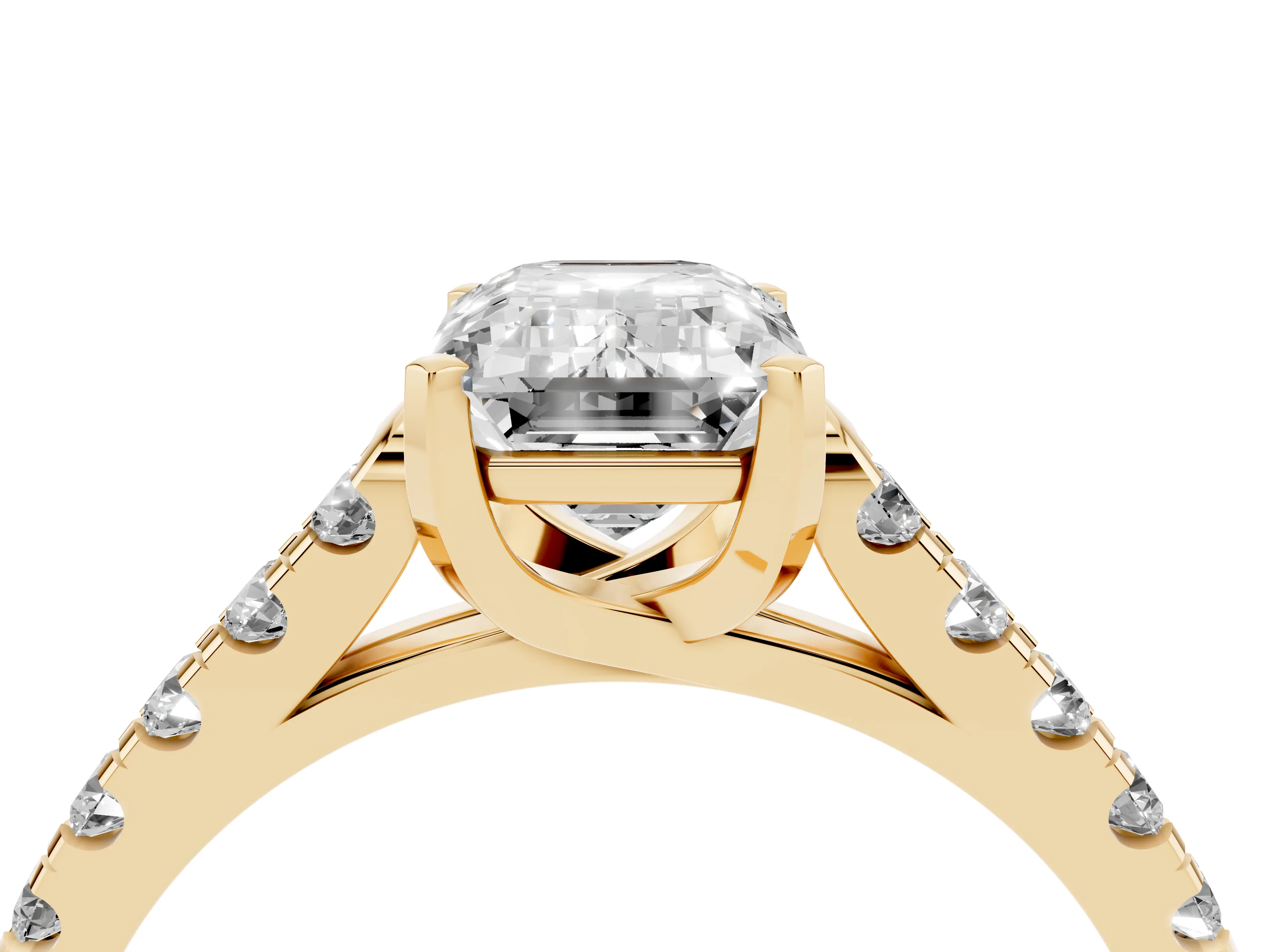 Emerald Cut Diamond Pavé Band Solitaire Ring Set in Yellow gold with Partway Accent Stones and Prong Setting