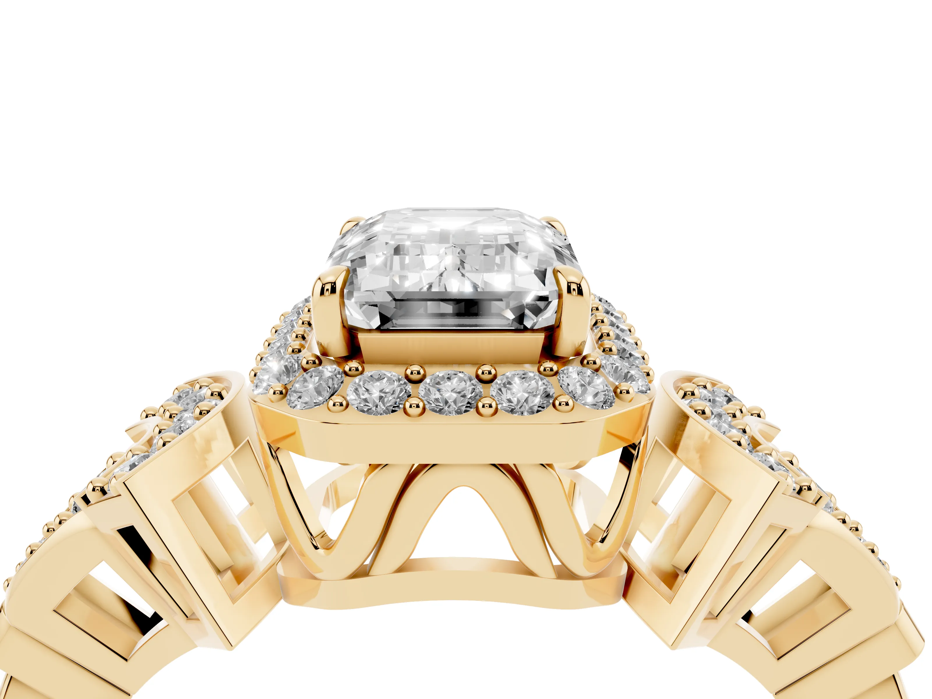 Emerald Cut Diamond Halo Engagement Ring Set in Yellow gold with Accent Stone Split Shank