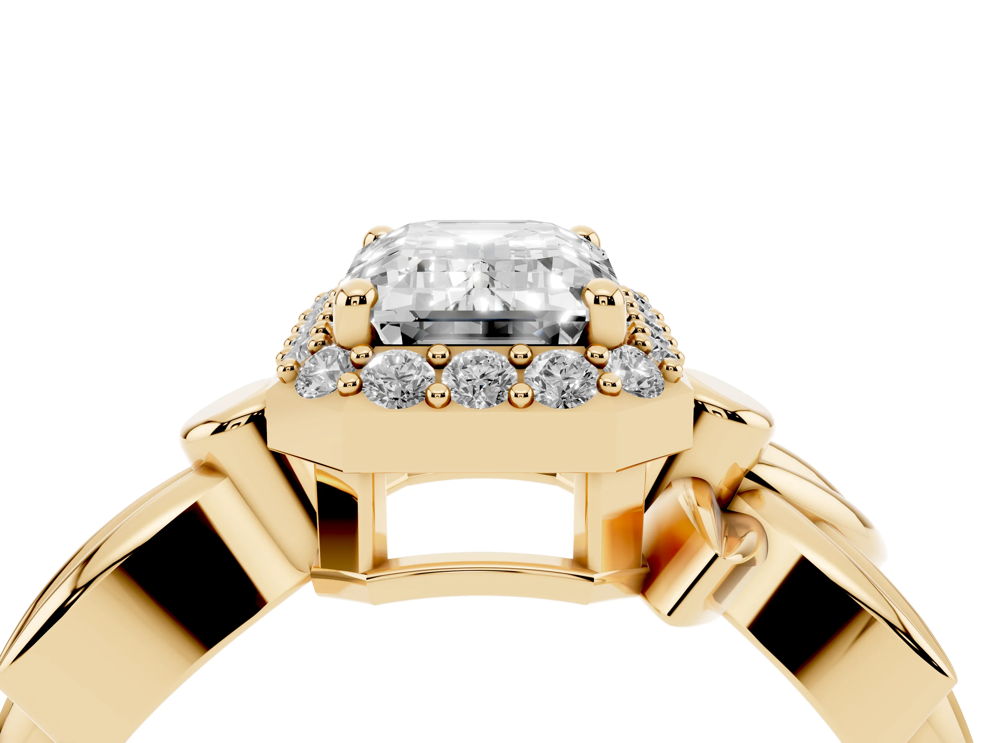 Emerald Cut Diamond Halo Floral Band Ring Set in Yellow gold with Prong Setting