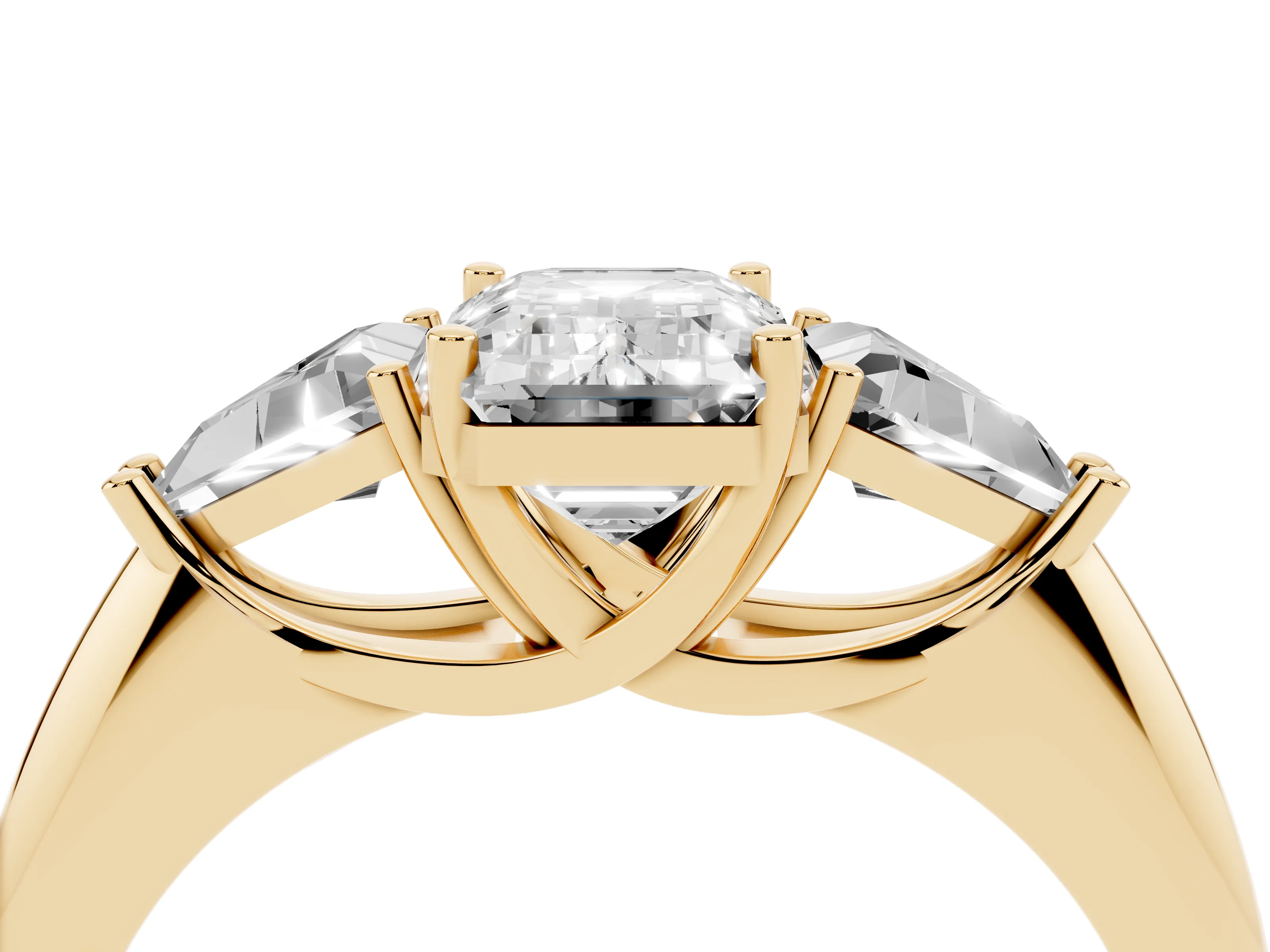 Emerald Cut Diamond Three-Stone Engagement Ring Set in Yellow gold with Trillion Side Stones