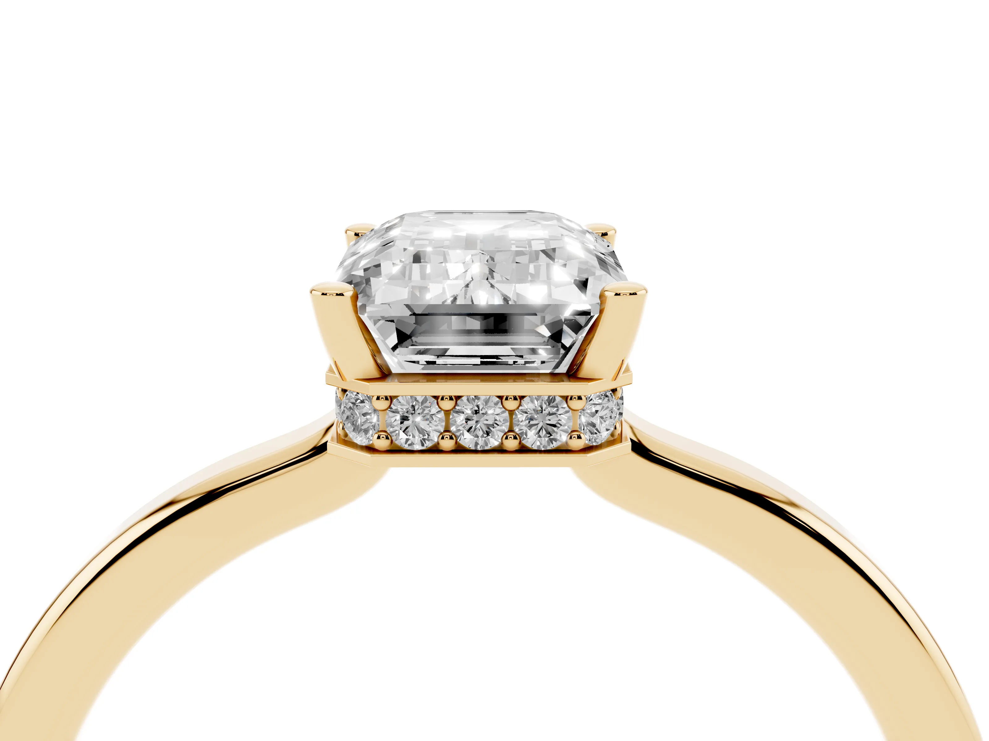 Emerald Cut Diamond Solitaire Engagement Ring Set in Yellow gold with Prong Setting on a Plain Band