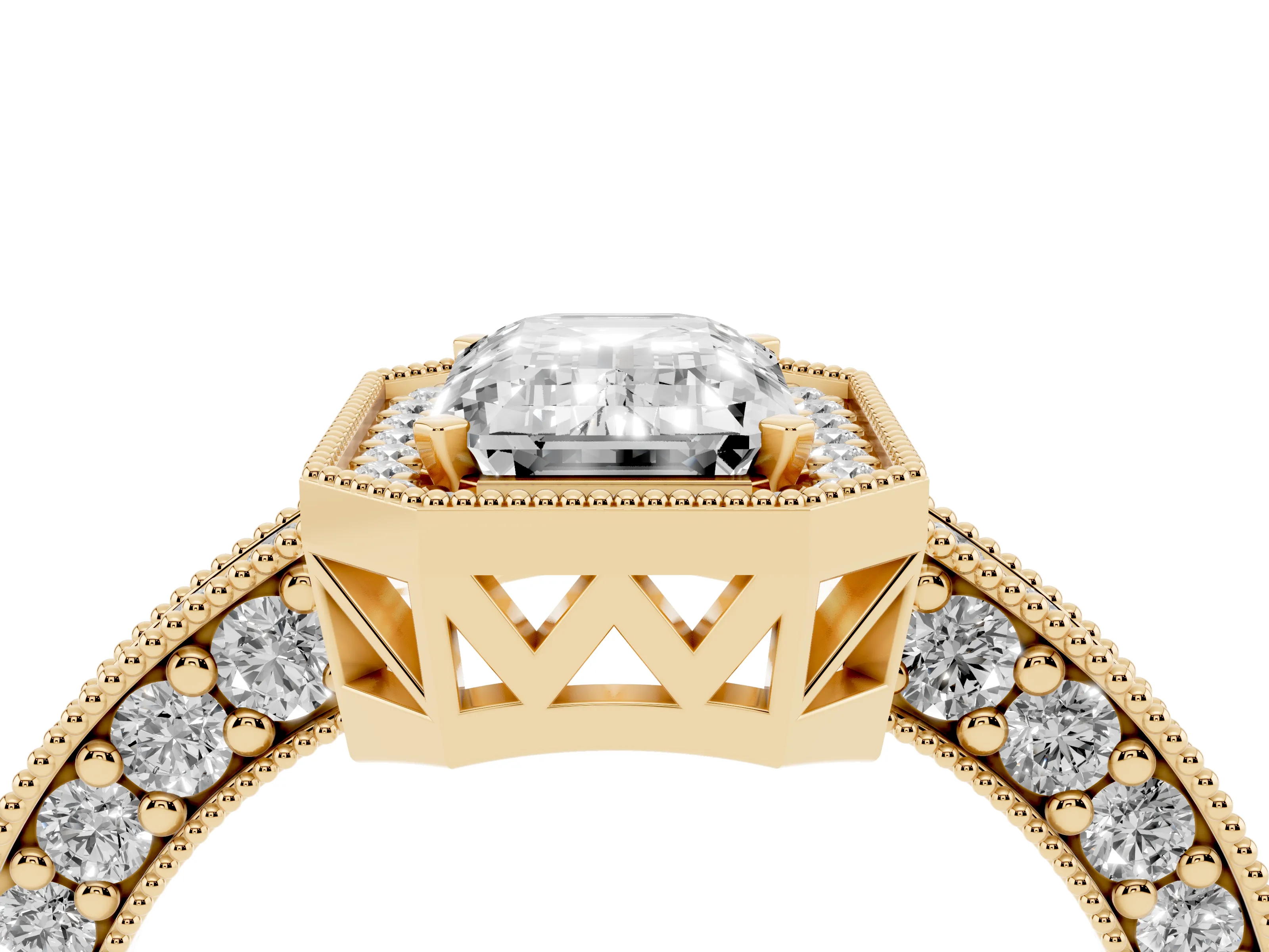 Emerald Cut Diamond Halo Pavé Band Ring Set in Yellow gold with Prong-Set Center