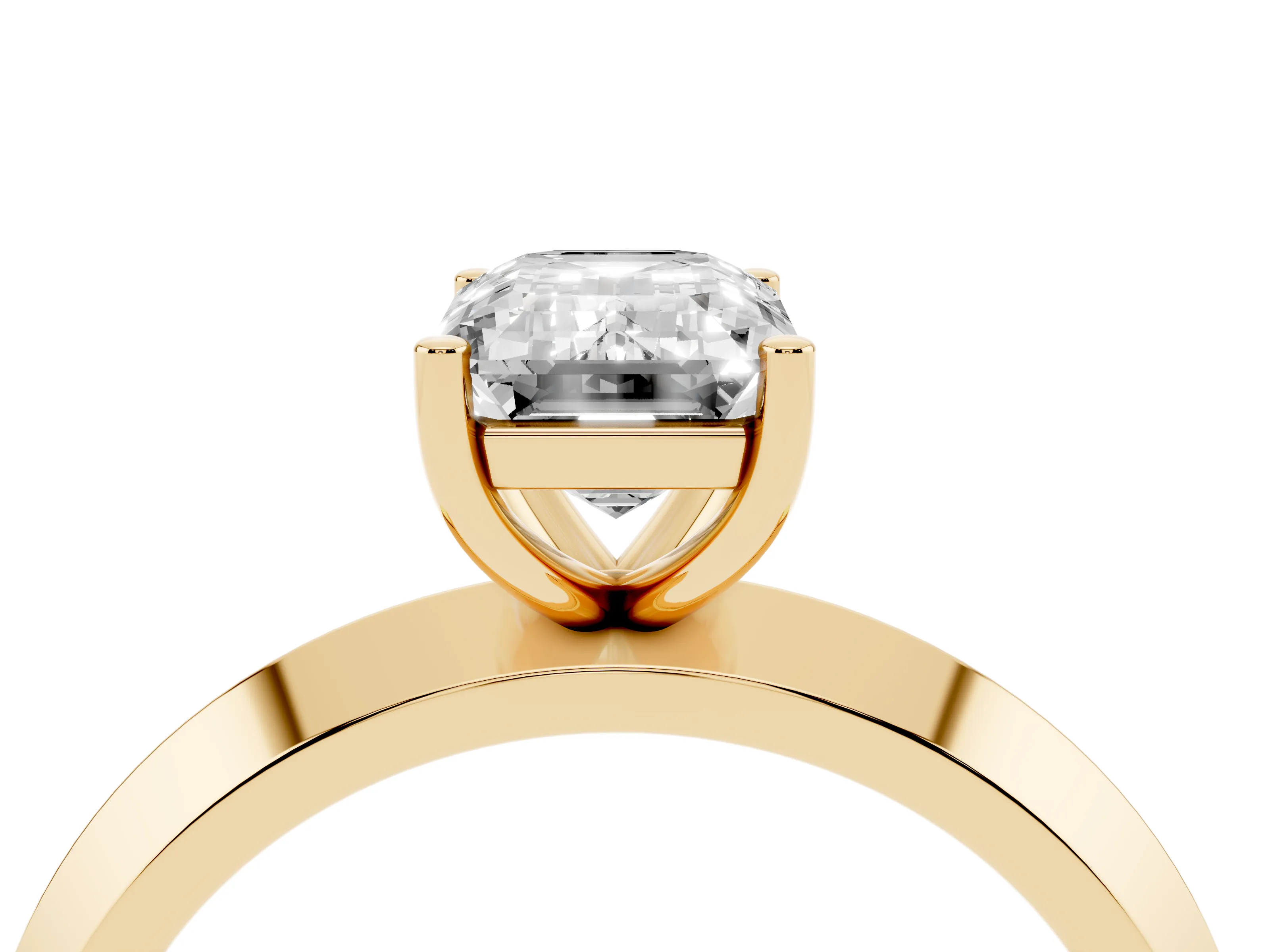 Emerald Cut Diamond Solitaire Engagement Ring Set in Yellow gold with Flat Band and Prong Setting
