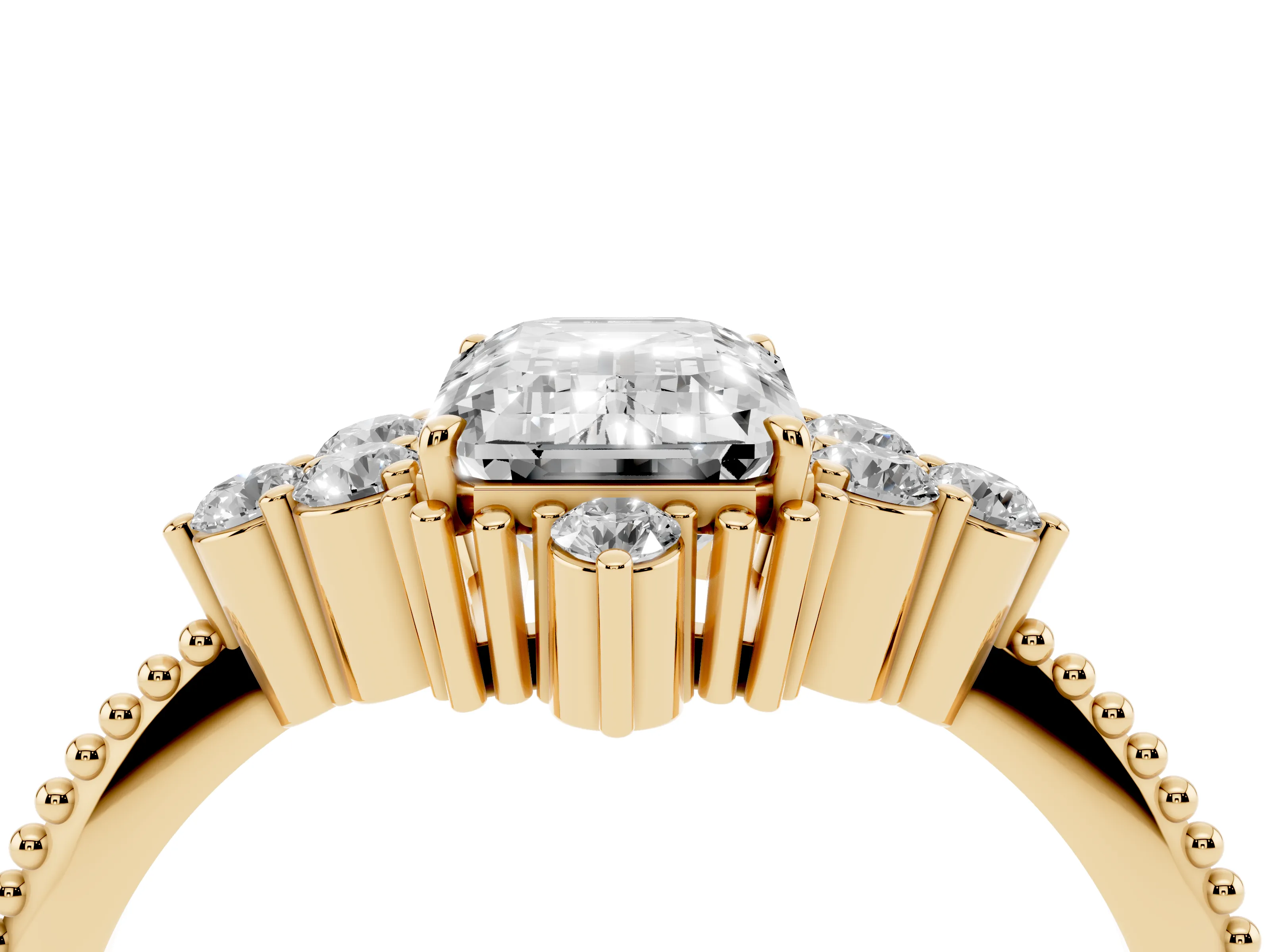 Emerald Cut Diamond Cluster Ring Set in Yellow gold with Beaded Band