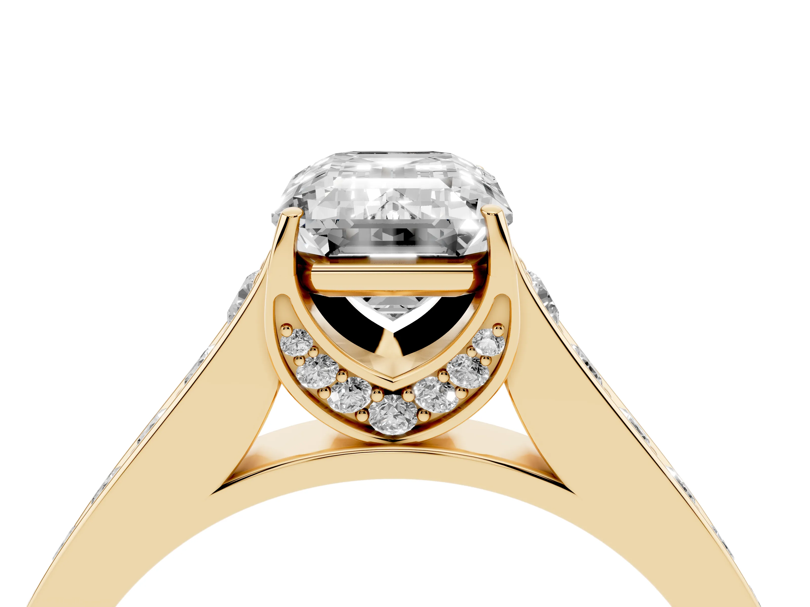 Emerald Cut Diamond Solitaire Pavé Engagement Ring Set in Yellow gold with Prong Setting