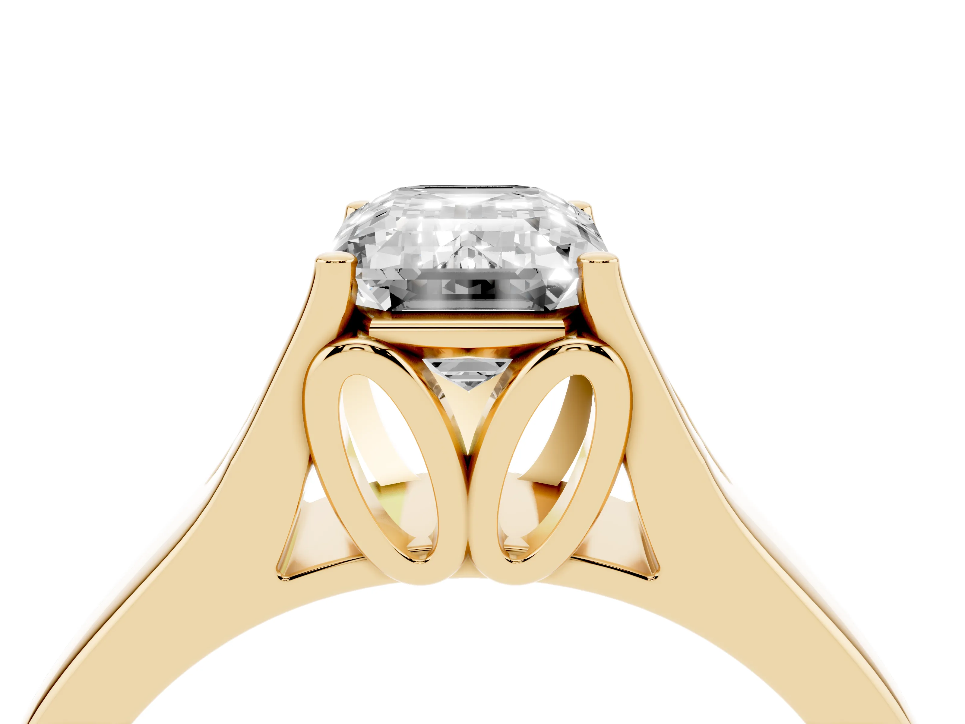 Emerald Cut Diamond Solitaire Ring Set in Yellow gold with Arched Cathedral Band and Prong Setting