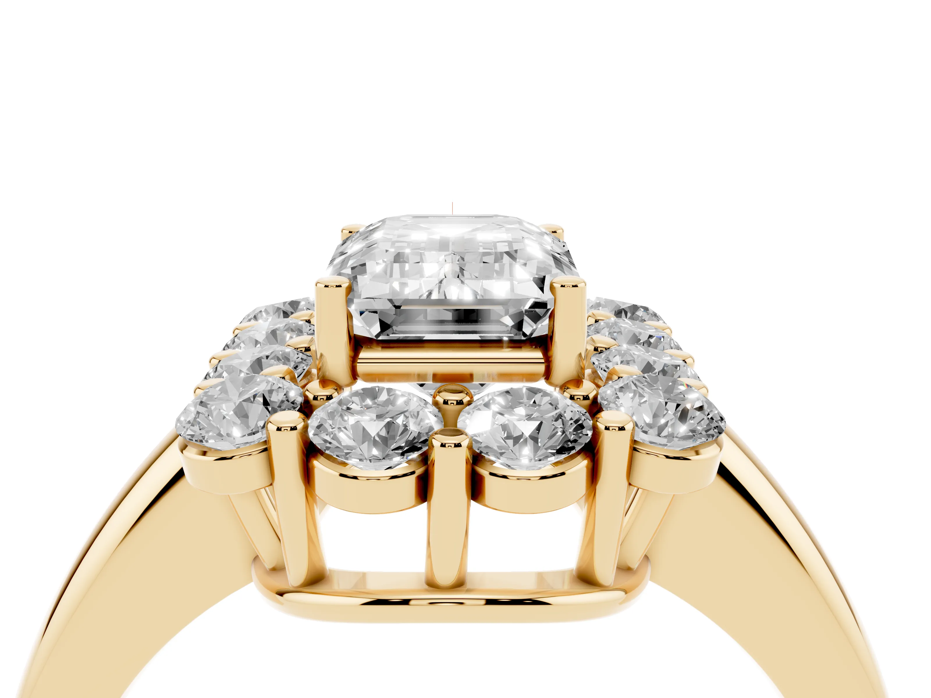Emerald Cut Diamond Halo Cluster Engagement Ring Set in Yellow gold with Polished Band and Prong Setting