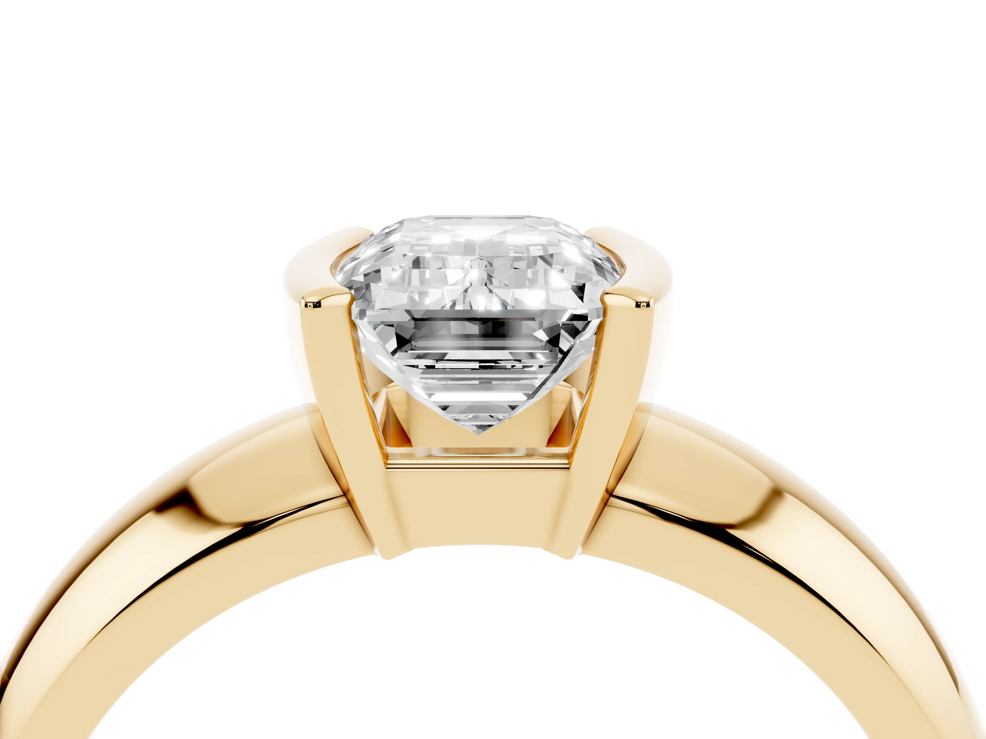 Emerald Cut Diamond Solitaire Tension Set Ring Set in Yellow gold with Wide Band