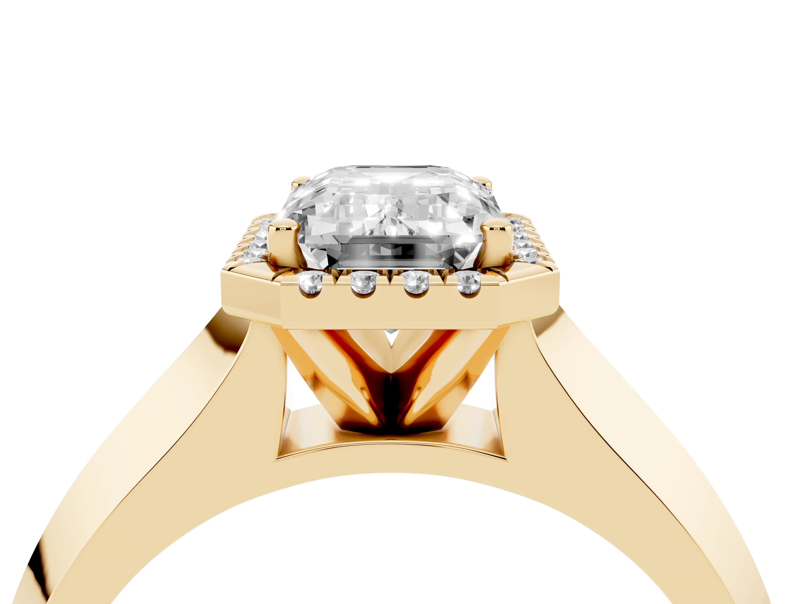 Emerald Cut Diamond Halo Ring Set in Yellow gold with Cathedral Band and Prong Setting