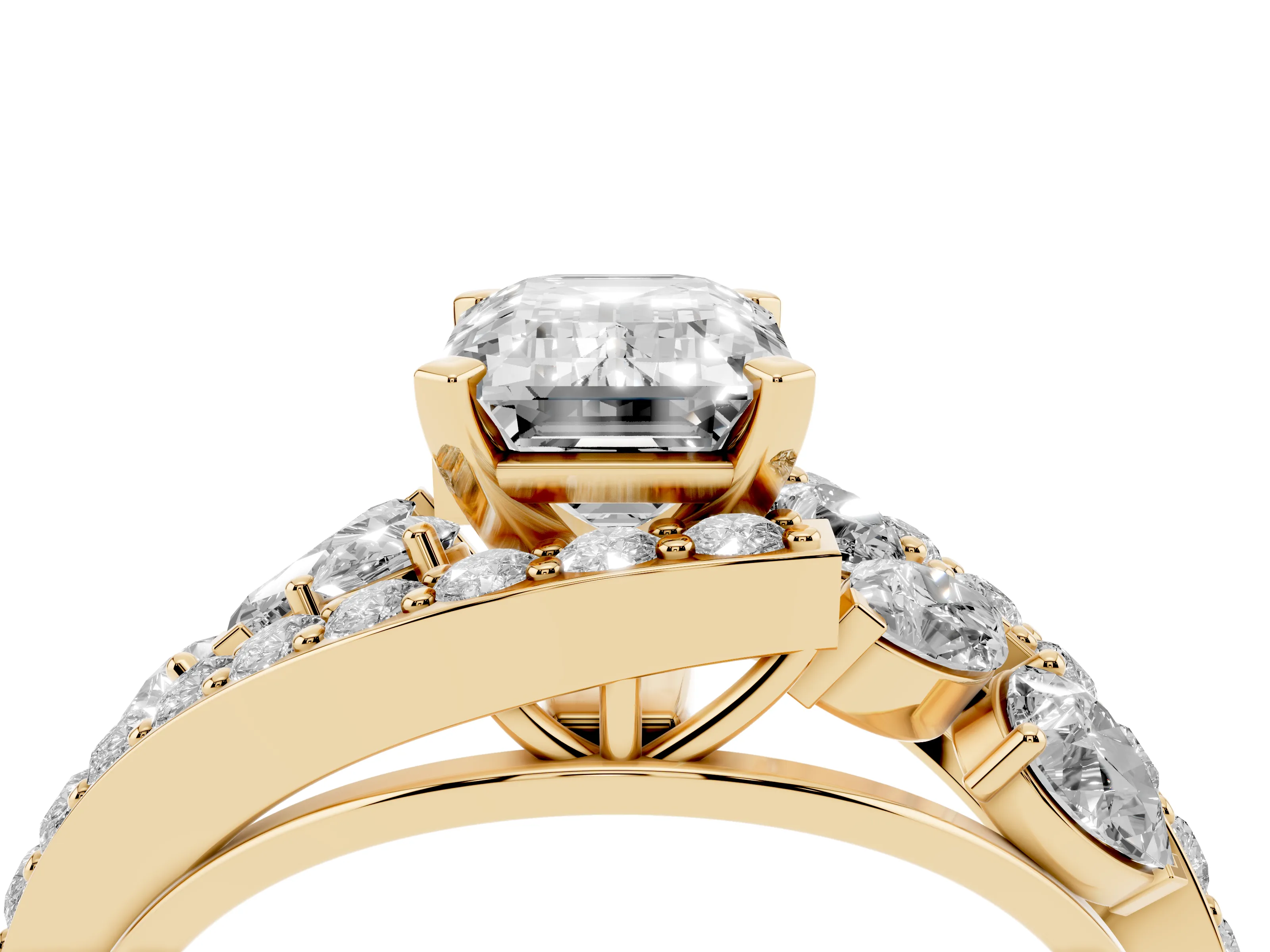Emerald Cut Diamond Halo Ring Set in Yellow gold with Marquise and Pavé Band in Prong Setting