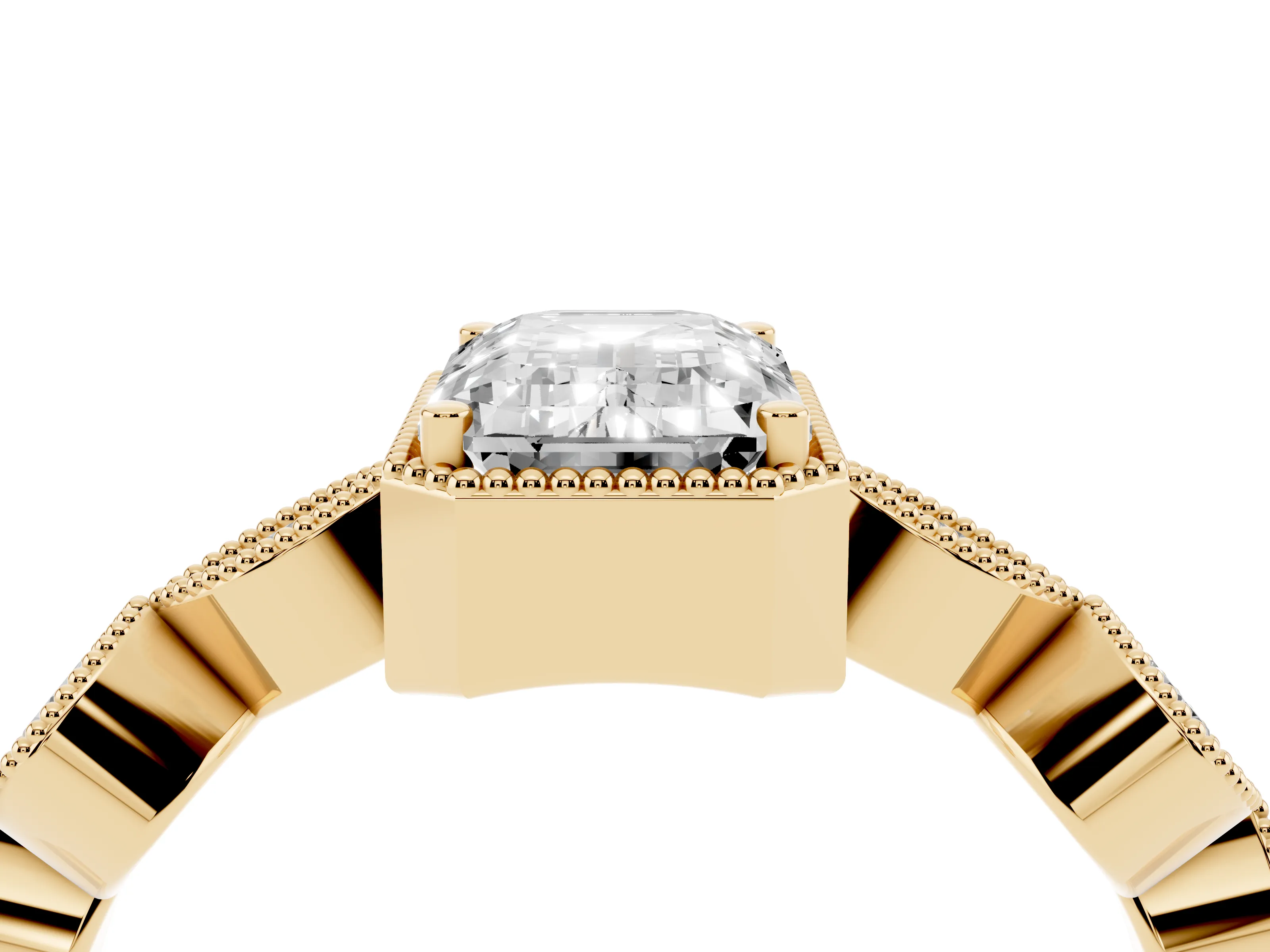 Emerald Cut Diamond Vintage-Inspired Milgrain Ring Set in Yellow gold with Marquise Stations of Round Accents