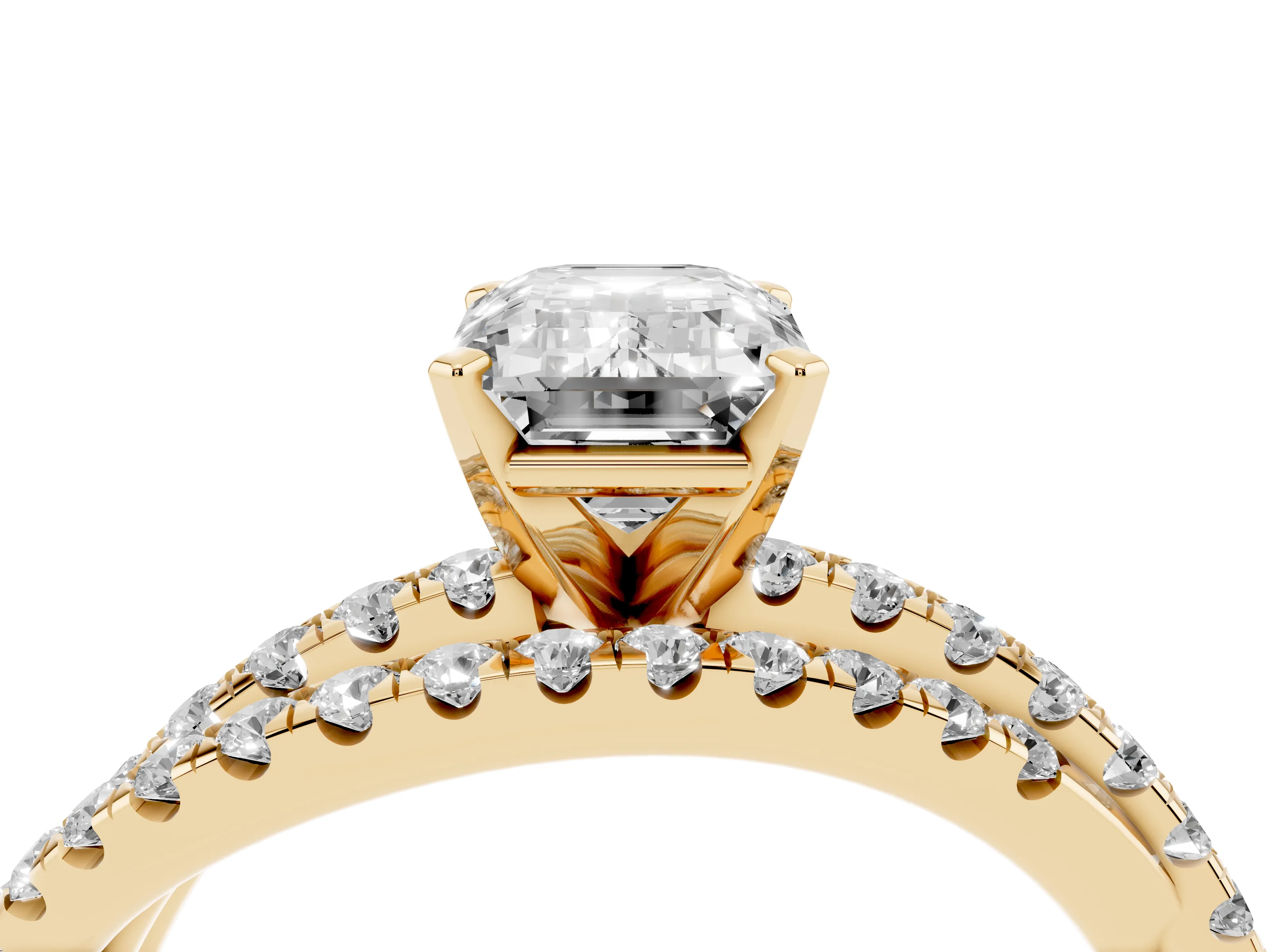 Emerald Cut Diamond Solitaire Twist Band Ring Set in Yellow gold with Pavé Setting and Prong Head