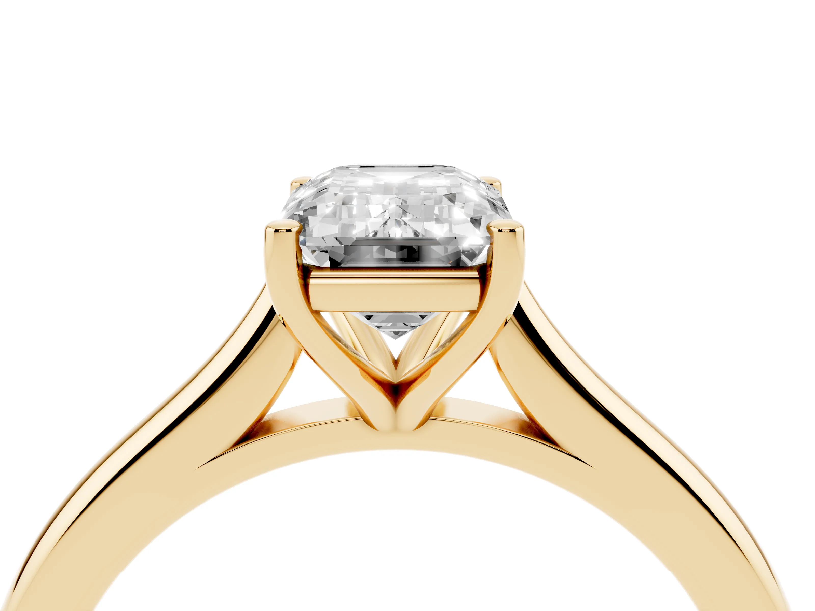 Emerald Cut Diamond Solitaire Ring Set in Yellow gold with Cathedral Band and Prong Setting